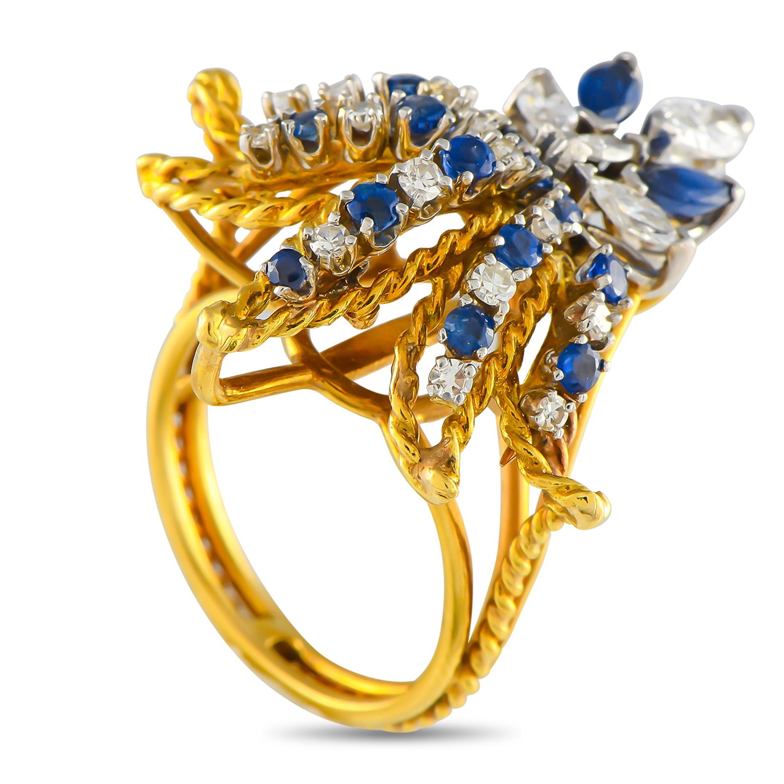 Exclusive 18K Yellow Gold 0.78ct Diamond and Sapphire Fleur de Lis Ring (1 of 3)
