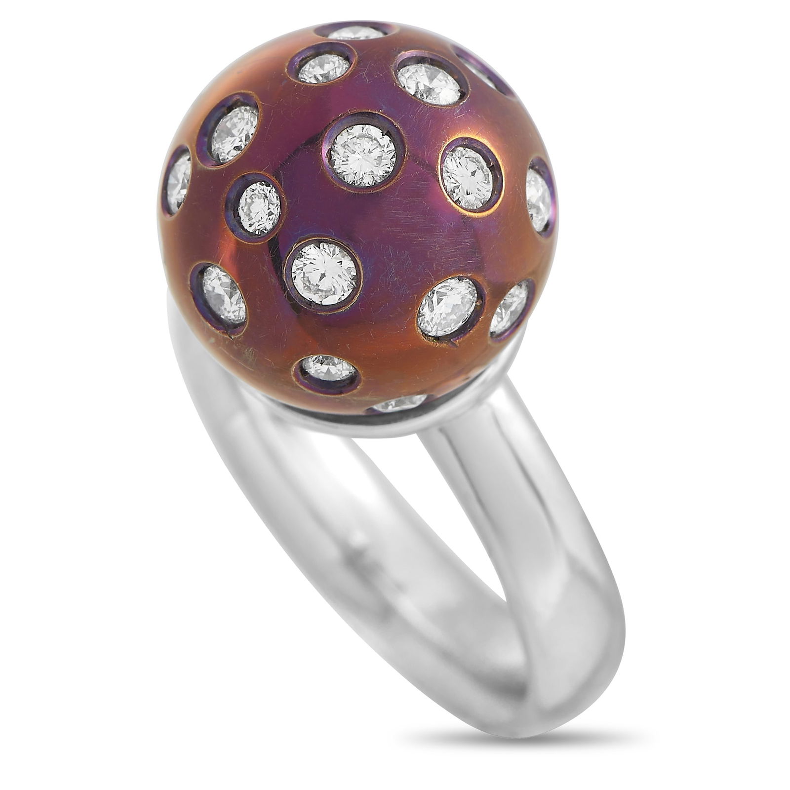 Salavetti 18K White Gold 0.98 ct Diamond Ball Ring: This ring from Salavetti is exceptionally gorgeous and unique. The ring is made of 18K white gold and has a metallic purple accent studded with 0.98 carats of diamonds. Ring Size - Size7.0 Material -