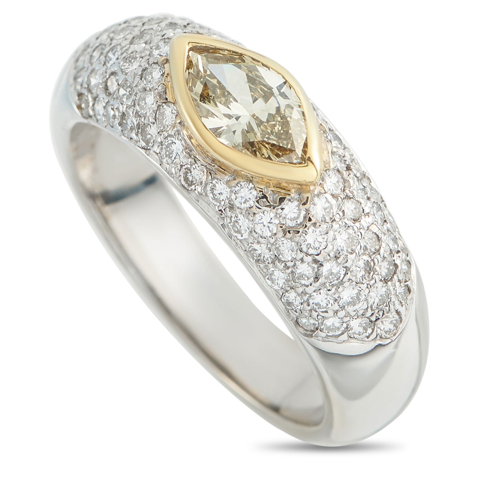 Exclusive 18K White and Yellow Gold 0.87ct Diamond Ring: Modern by design, this Exclusive ring presents a precise, graphic, and unconventional stone layout. A slim 3mm band in 18K white gold supports a pavé-set top measuring 7x20mm, appearing as a continuo