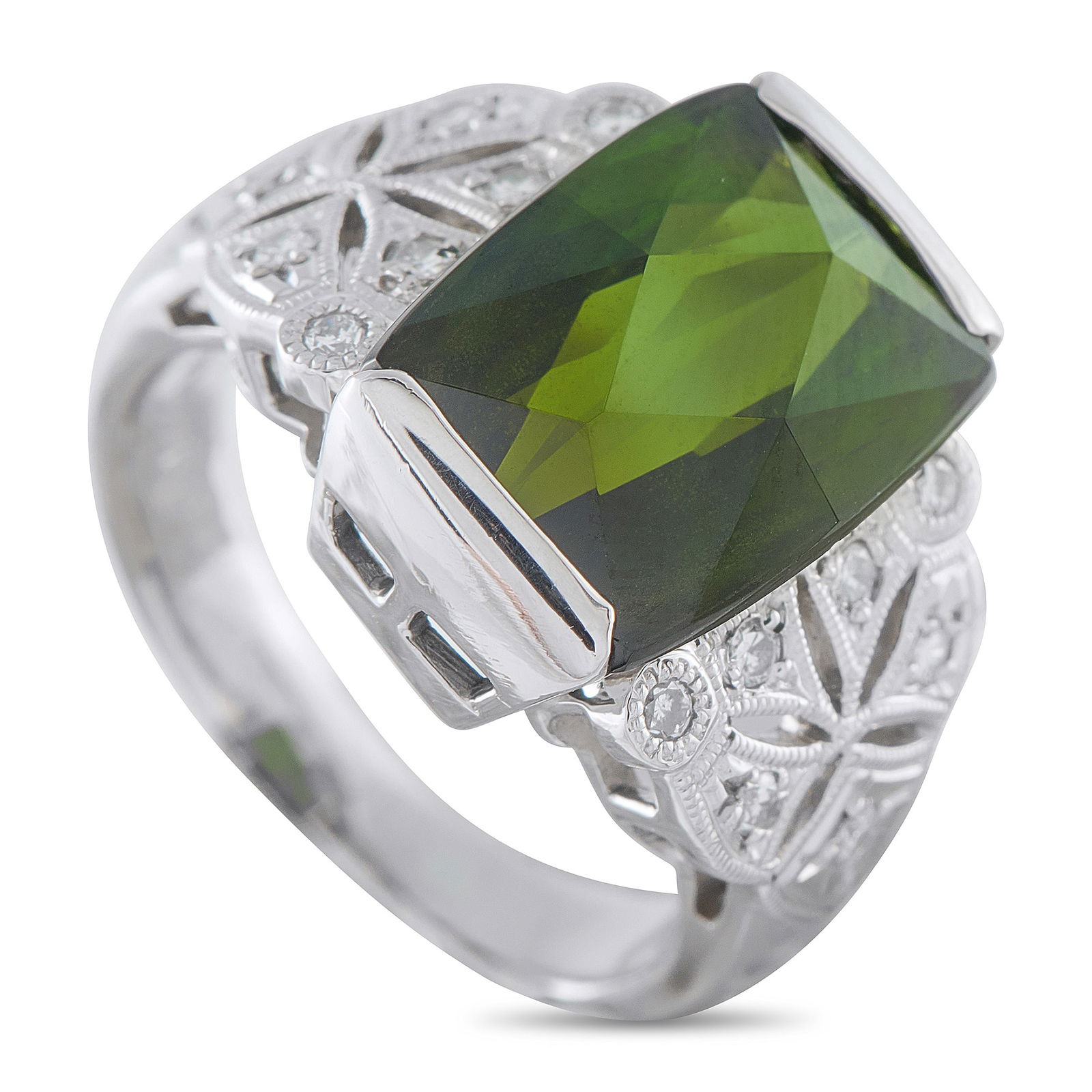 Exclusive Platinum 0.20ct Diamond and Tourmaline Ring: At the top of this 900 platinum ring rests a deep green tourmaline, shaped with crisp facets that create shadow and dimension rather than overt shine. The 6.12 ct tourmaline is secured by half bezels
