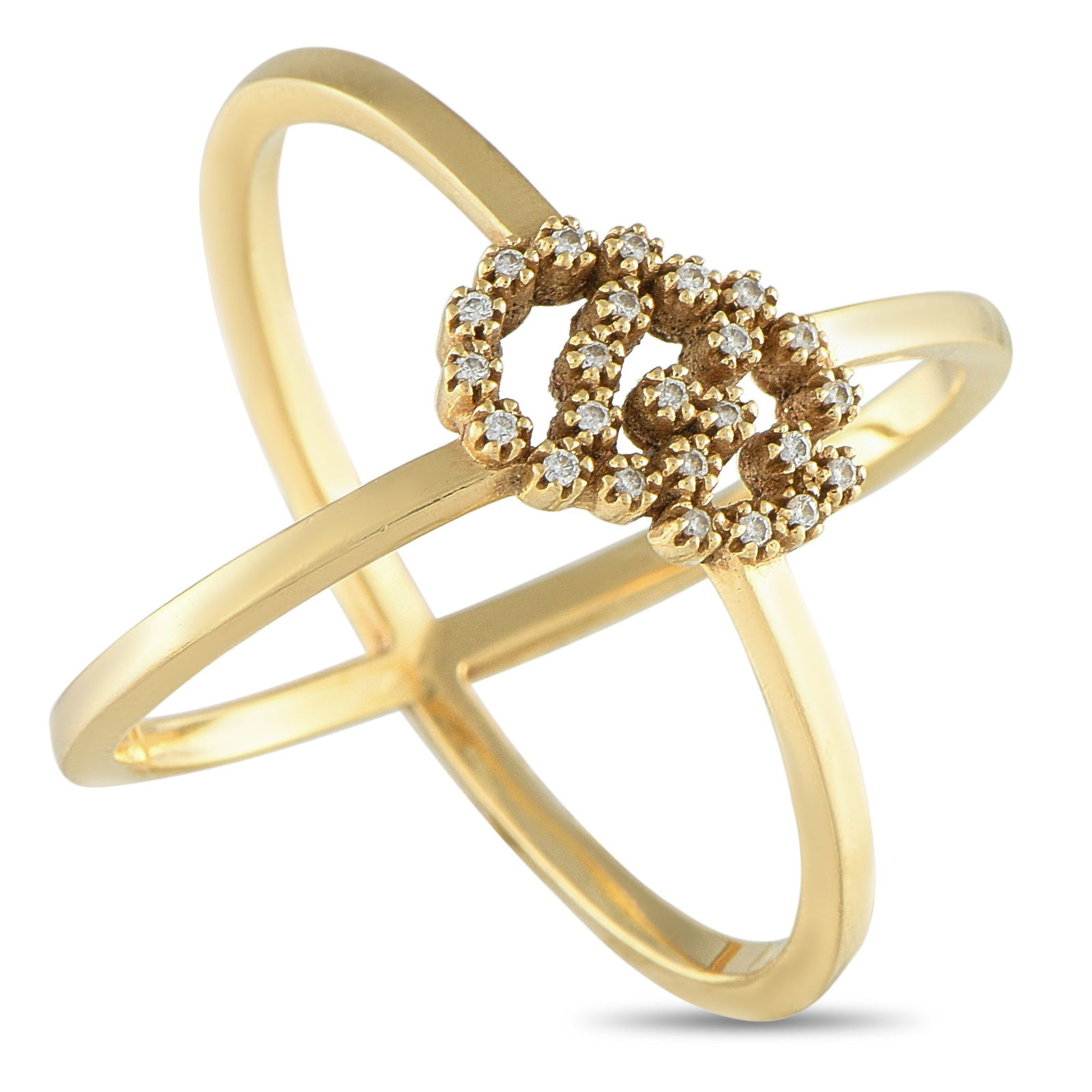 Gucci Running 18K Yellow Gold Diamond Ring: This estate Gucci Running ‘X’ ring makes a statement in 18K yellow gold. It features two slim bands that cross over one another to form an “X” silhouette, merging into a single, sculptural
