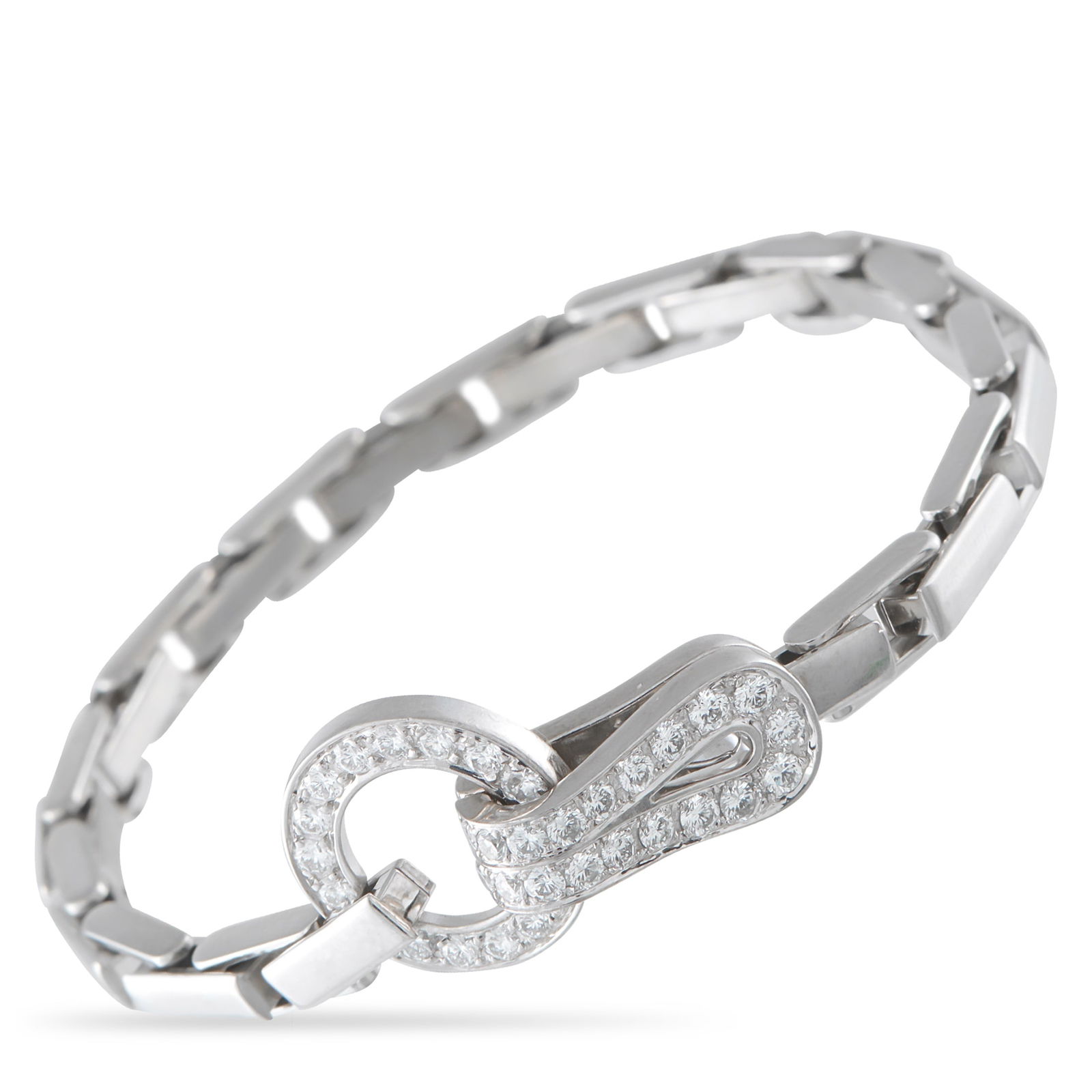 Cartier Agrafe 18K White Gold Diamond Bracelet: A statement-making clasp covered in sparkling Diamonds serves as a stunning focal point on this impeccably crafted Cartier Agrafe bracelet. Simple and elegant, this piece makes it easy to add a touch