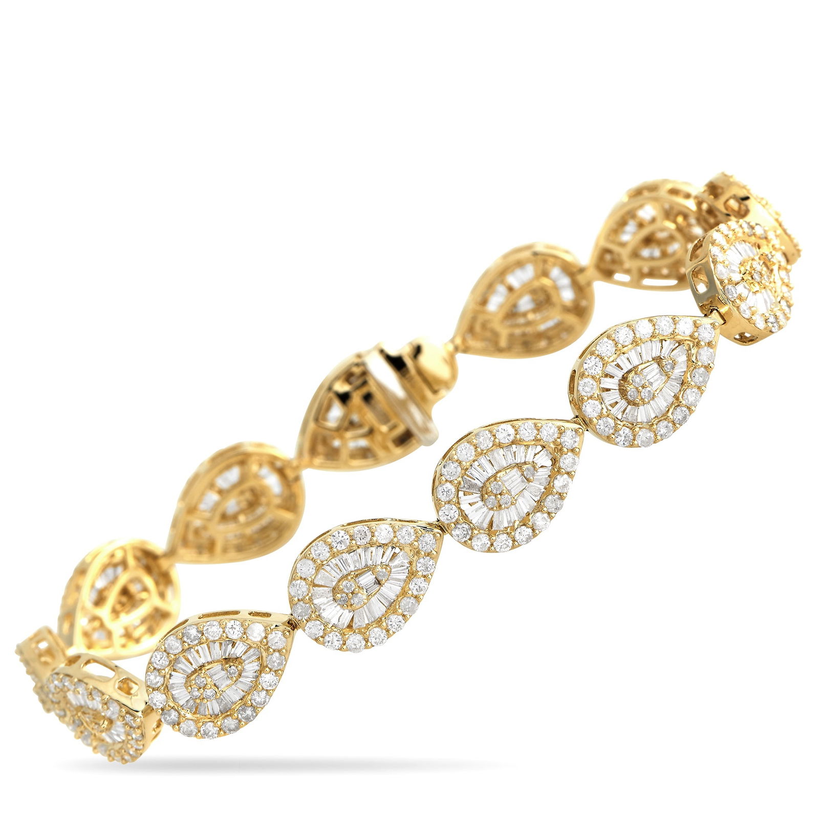 Exclusive 14K Yellow Gold 6.05ct Diamond Bracelet: A series of pear-shaped 14K yellow gold links give this luxury bracelet its signature design. Stylish and incredibly sophisticated, this piece measures 7.25” long and includes sparkling diamonds