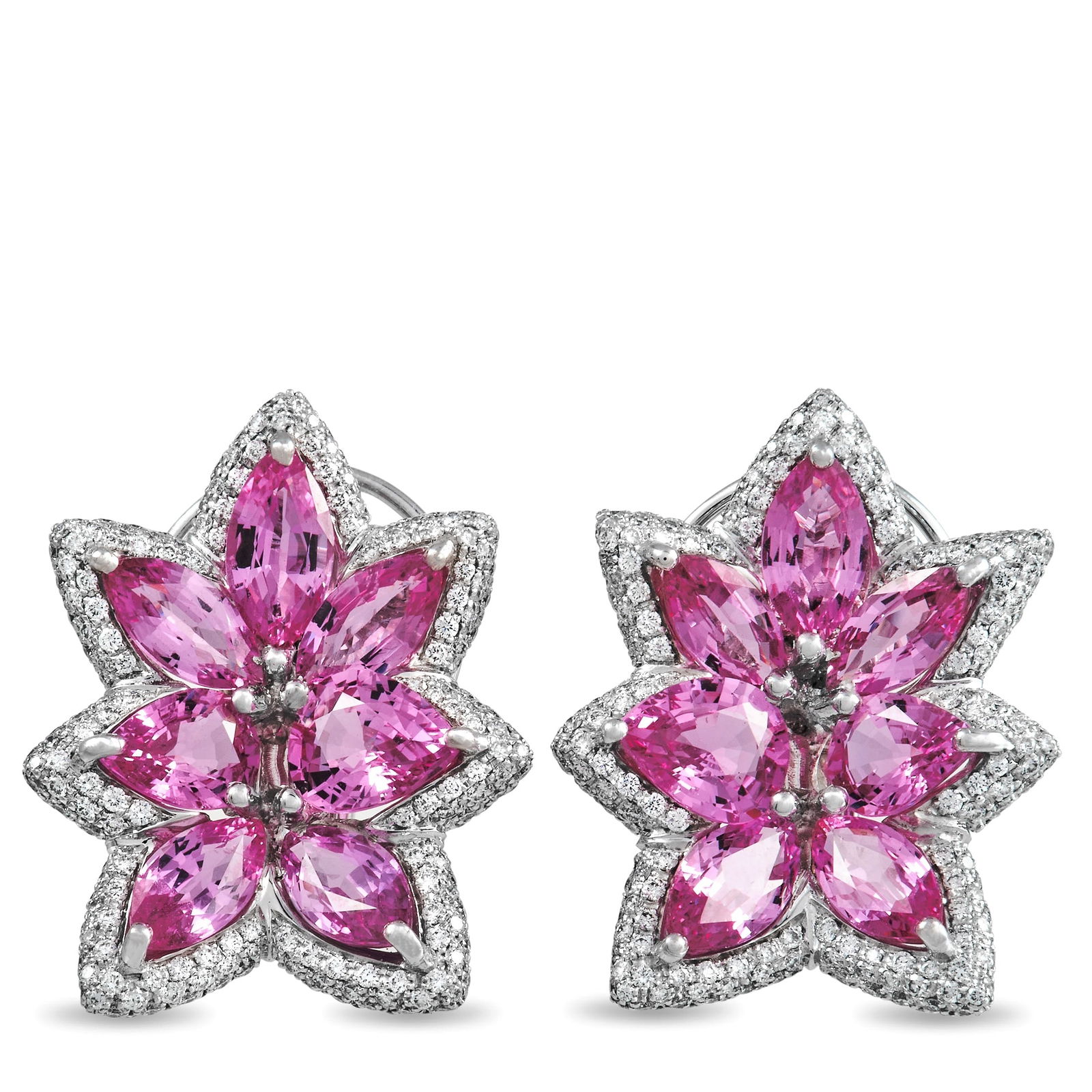de Grisogono 18K White Gold 1.94 ct Diamond and Pink Sapphire Earrings: Bold, vibrant, and dynamic in design, these De Grisogono earrings will forever make a statement. A breathtaking arrangement of pink sapphires totaling 15.20 carats add undeniable visual impact, especi
