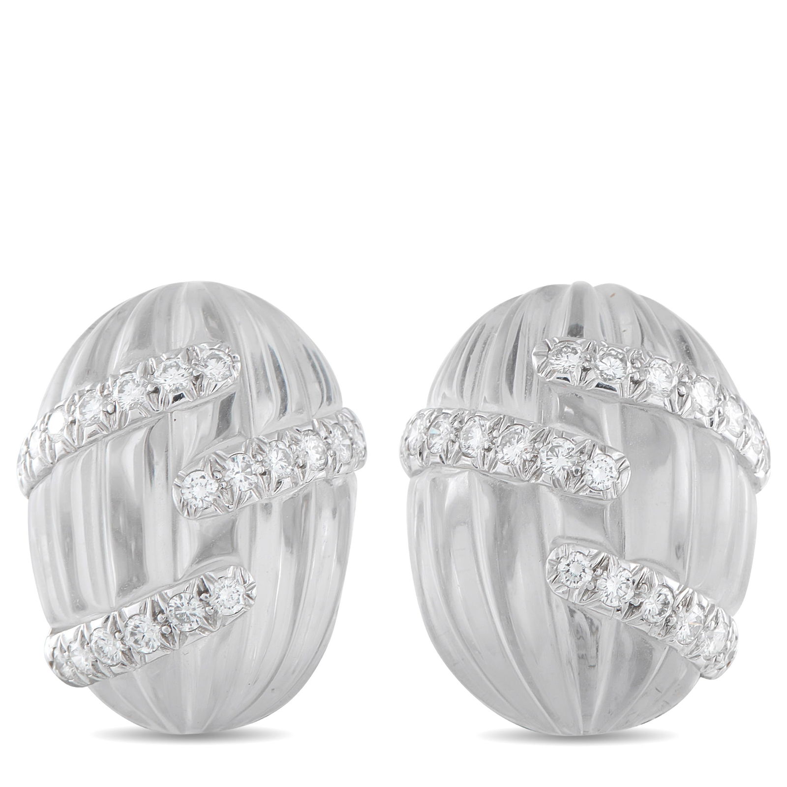 David Webb 18K White Gold 3.0ct Diamond and Rock Crystal Earrings: These David Webb earrings will instantly add sparkle to any ensemble. Set in 18K White Gold, Diamond accents totaling 3.0 carats seemingly wrap around the textured Rock Crystal base. Each earring meas