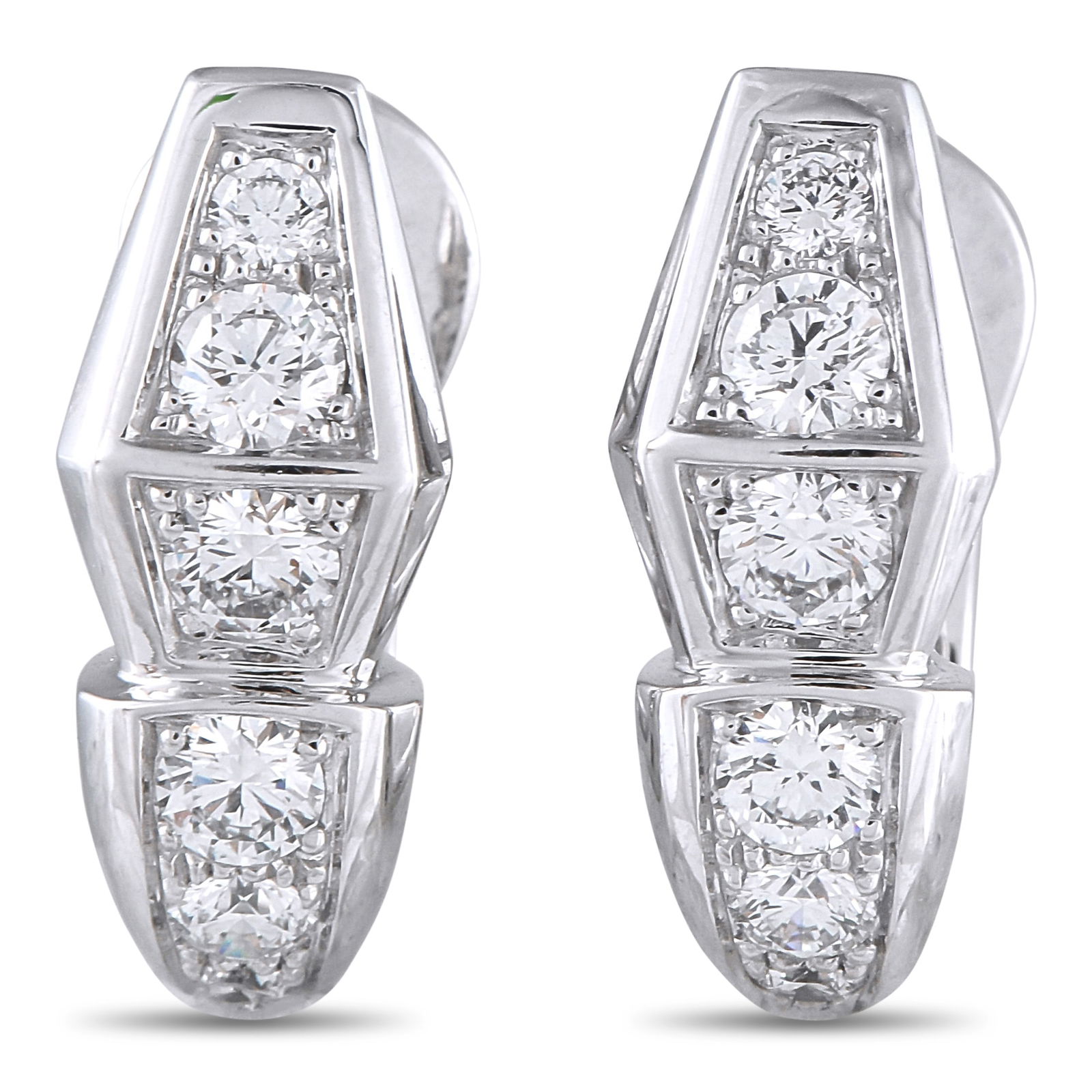 Bvlgari Serpenti 18K White Gold 1.52ct Diamond Earrings: These Bvlgari Serpenti earrings will add a touch of luxury to any occasion. Designed to resemble a stylized snake’s head, the sleek 18K White Gold setting beautifully showcases sparkling Diamonds wi