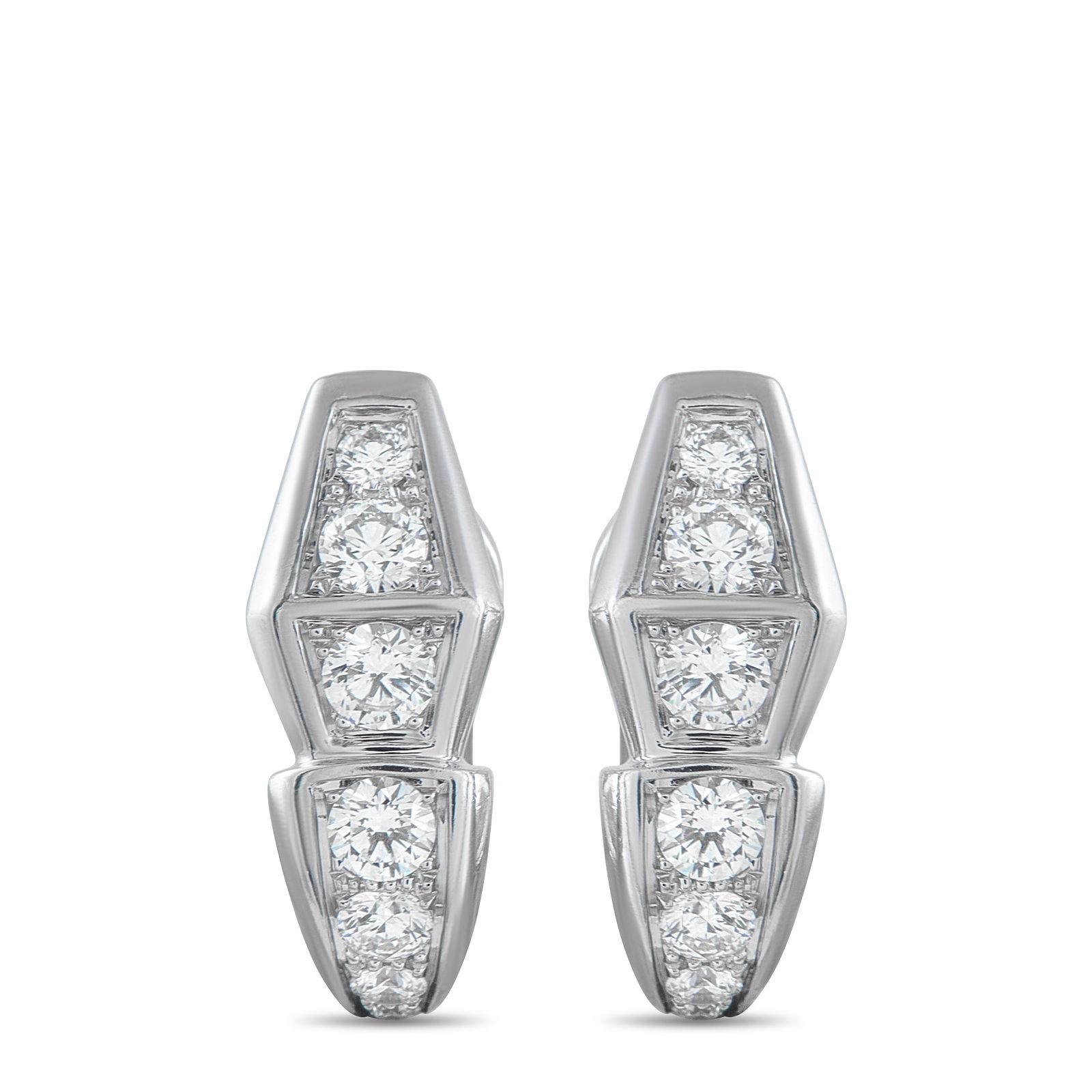 Bvlgari Serpenti 18K White Gold 1.52ct Diamond Earrings: An abstract snake’s head design makes these Bvlgari Serpenti earrings instantly alluring. Set in 18K White Gold, these iconic earrings shine brightly thanks to inset Diamonds with a total weight of