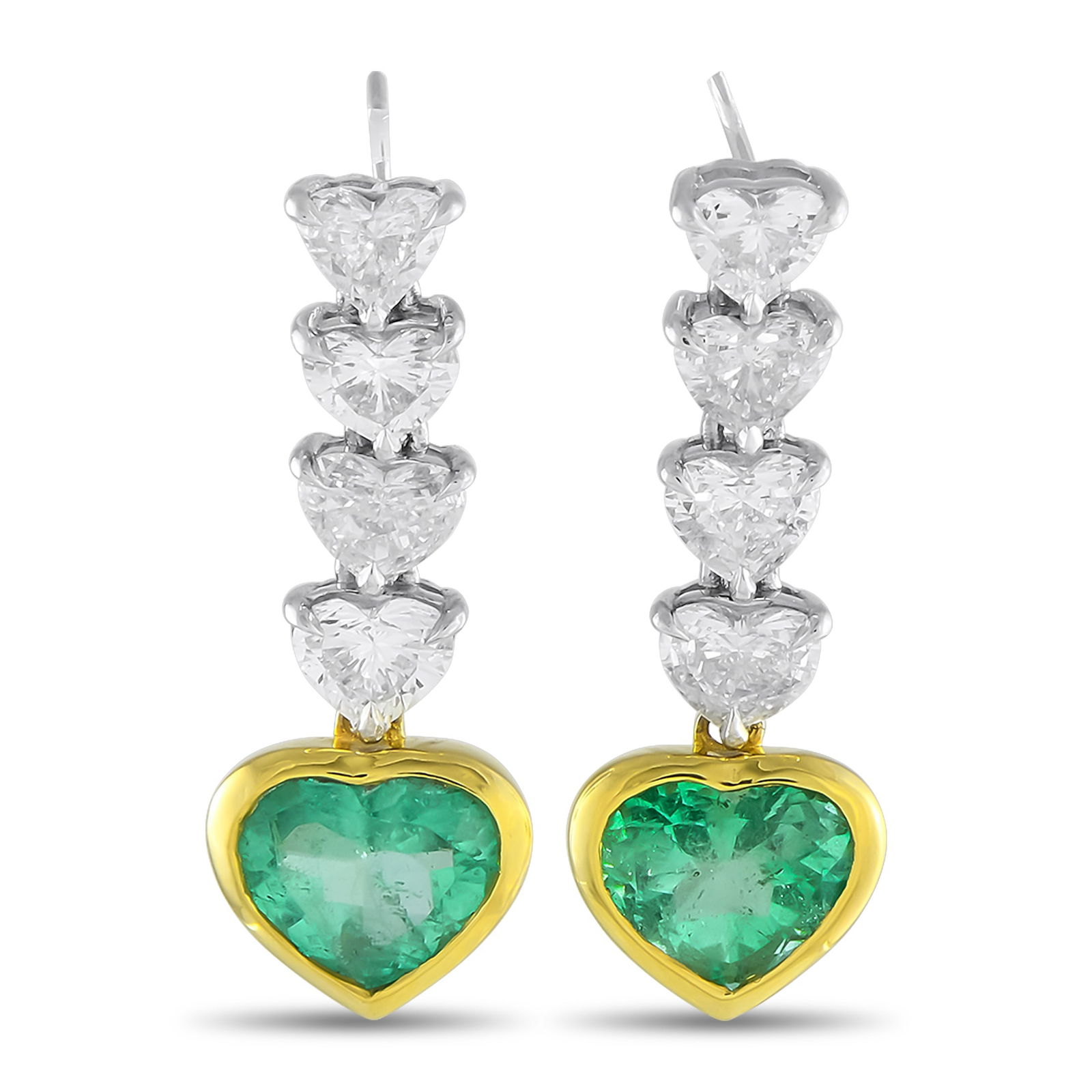 Exclusive Platinum and 18K Yellow Gold 3.28ct Diamond and Emerald Dangle Earrings: These luxury earrings are nothing short of breathtaking. Crafted from a combination of 18K Yellow Gold and Platinum, heart-shaped Diamonds with a total weight of 3.28 carats offer impressive sparkle e