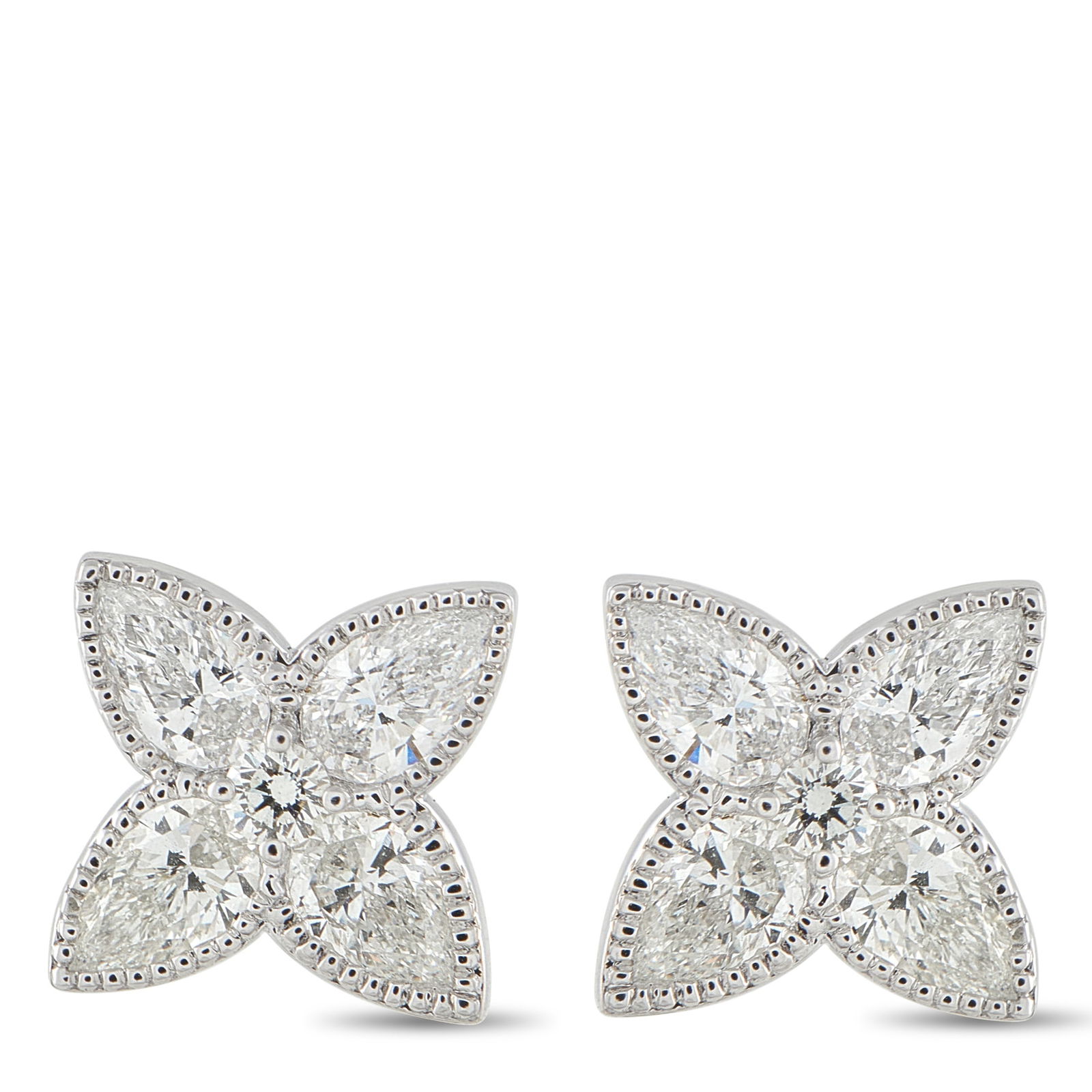 Exclusive 18K White Gold 2.81ct Diamond Quatrefoil Stud Earrings: Small in scale but confident in presence. These white gold studs feature pear-cut diamonds punctuating each lobe of their quatrefoil shape. Milgrain borders add texture, highlighting the elegant silho