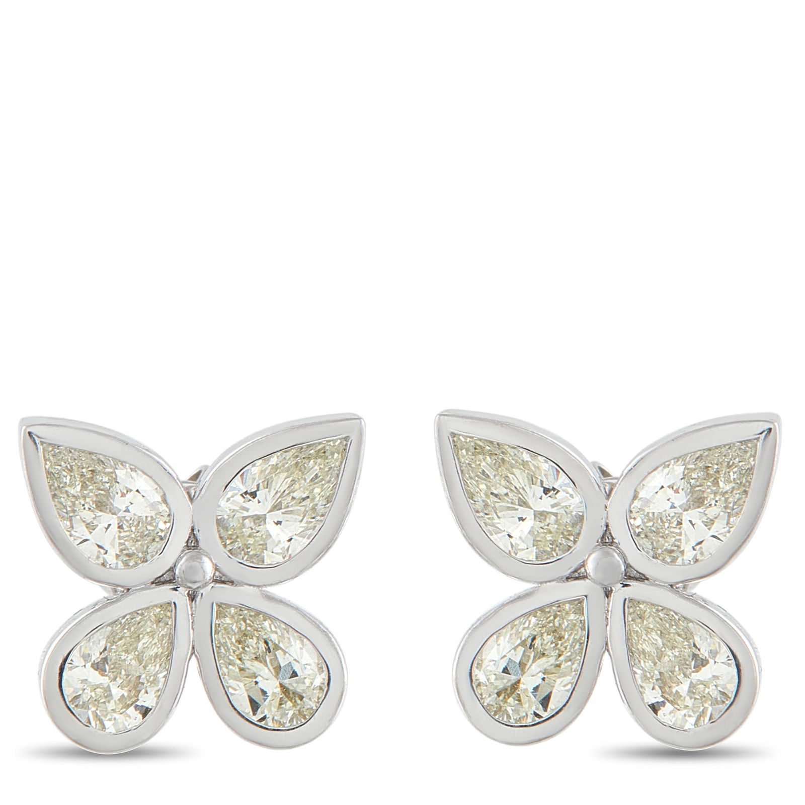 Exclusive 18K White Gold 2.55ct Diamond Four-Petal Earrings: A fresh take on classic studs, these earrings form a four-petal motif with pear-cut diamonds set in gleaming bezels. Two diamonds point inward, drawing the eye to the center. The other two stretch out