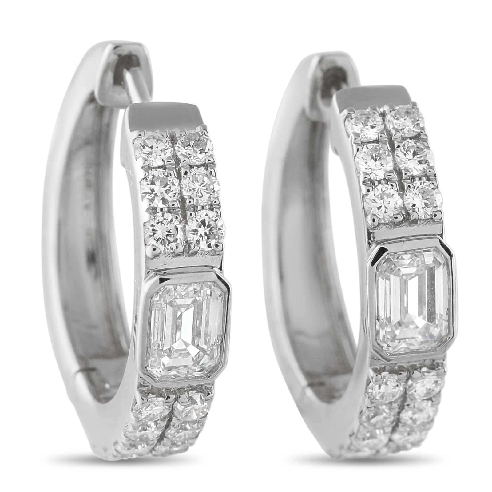 Exclusive 18K White Gold 1.60ct Diamond Huggie Hoop Earrings: These 18K white gold huggie hoops are designed for everyday ease with a touch of brilliance. Two rows of petite round diamonds run along each hoop’s front. At the center, a single step-cut diamond s