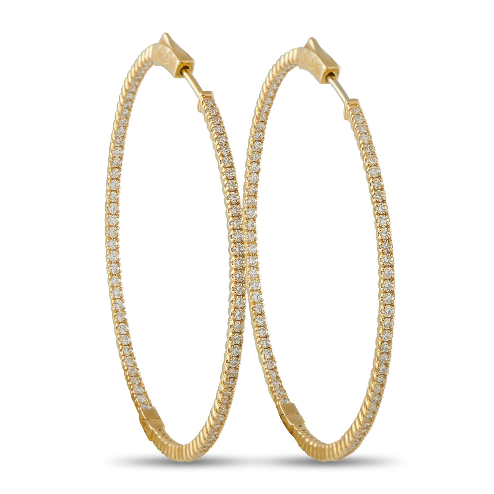 Exclusive 14K Yellow Gold 1.72ct Diamond Inside-Out Hoop Earrings: These classic hoop earrings are incredibly chic. Diamonds with a total weight of 1.72 carats contrast beautifully against the elegant 14K Yellow Gold setting. Each one measures 1.88” round. Mate