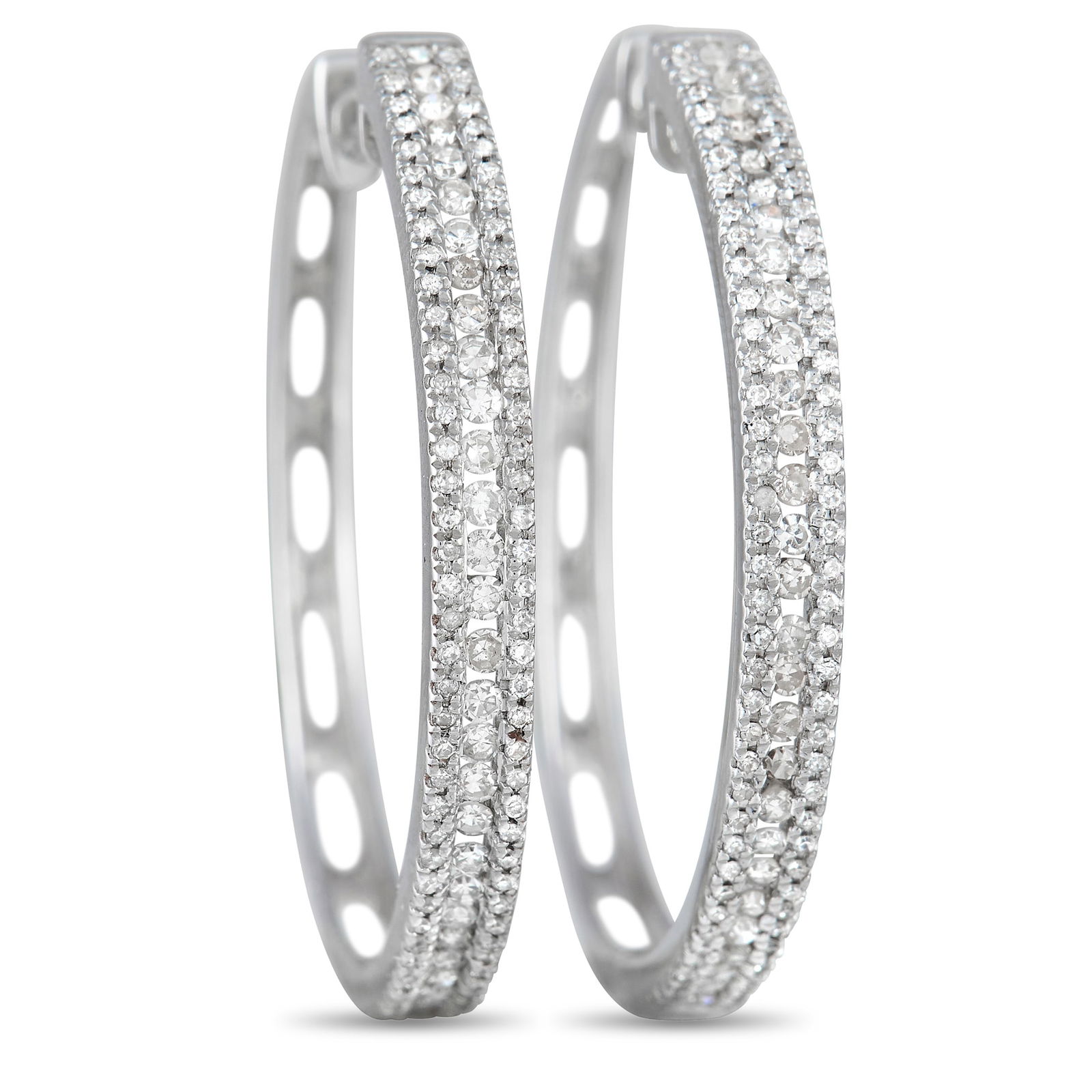 Exclusive 14K White Gold 3-Row 1.06 Carat VS1 G Color Diamond Hoop Earrings: The prestigious sheen of 14K white gold and the alluring glisten of diamonds harmoniously combine into creating a wonderfully sophisticated sight in these stunning hoop earrings. The pair weighs 14.7