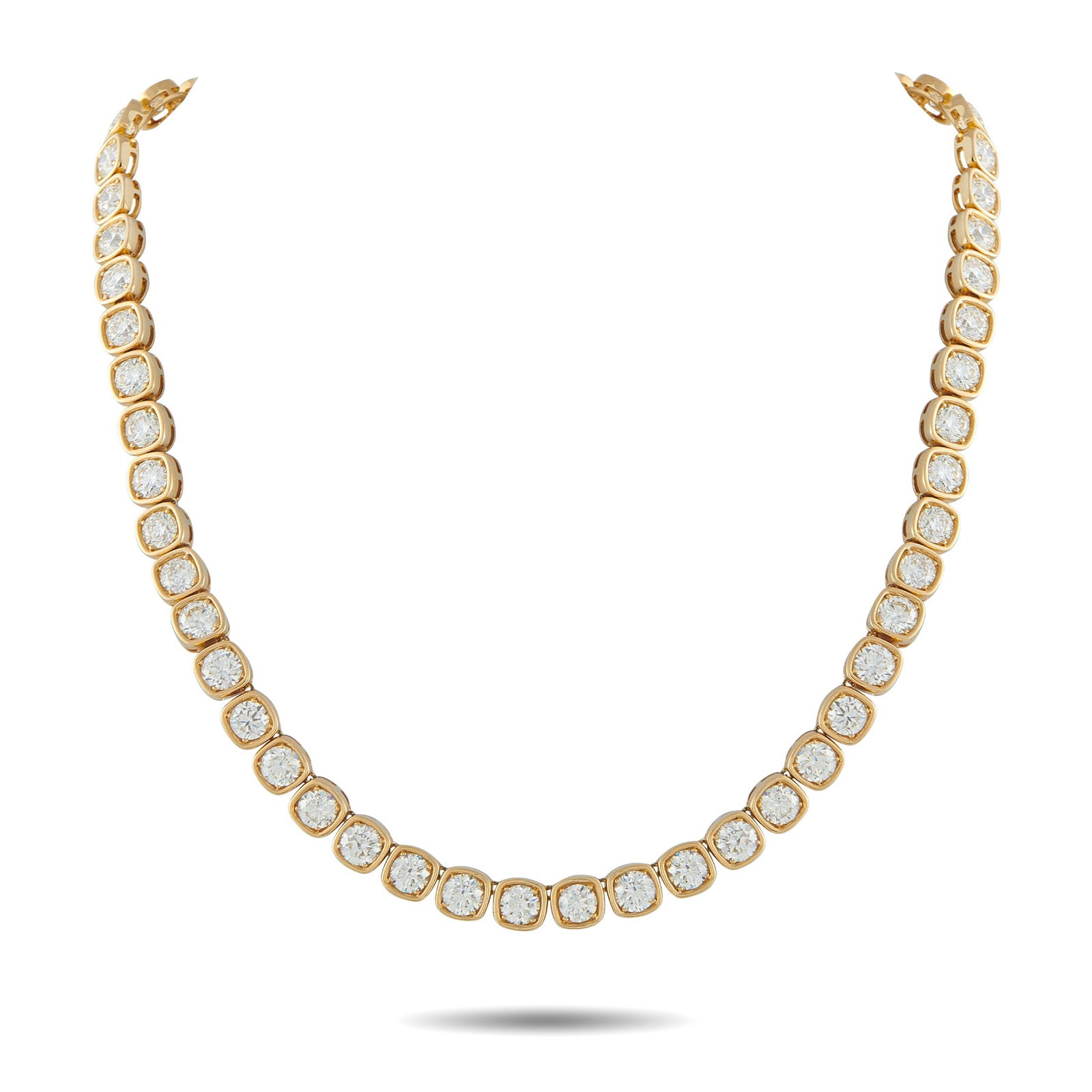 Exclusive 18k Yellow Gold 29.5 ct Diamond Cushion Link Necklace: In this Exclusive piece, cushion-shaped yellow gold frames meet round diamonds in a 15-inch line. Soft geometry contrasts bright sparkle from every angle. At 57.4 grams with 29.50 carats of diamonds,