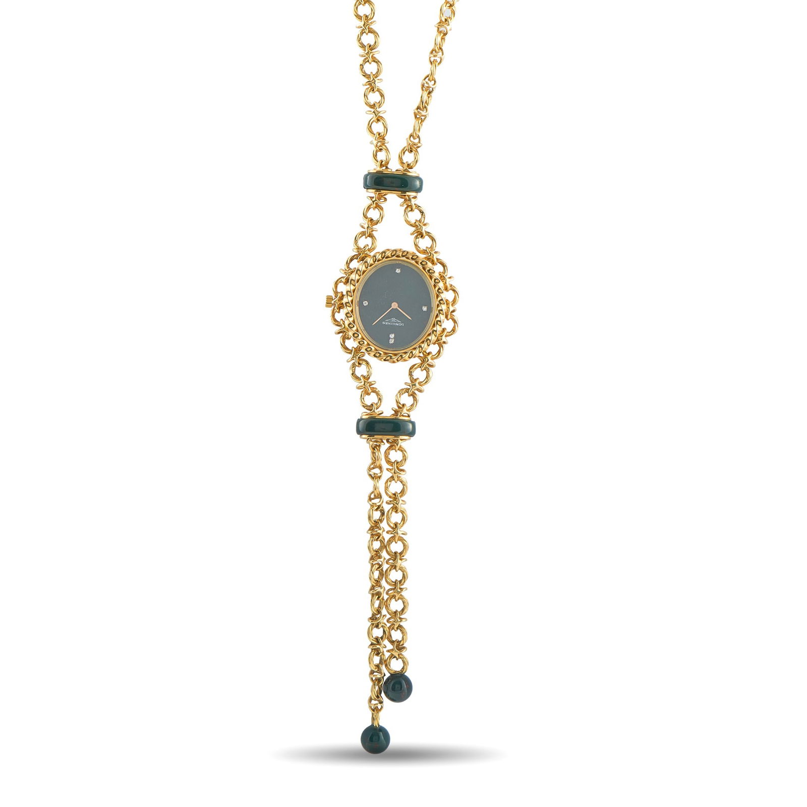Longines18K Yellow Gold Malachite Pendant: Longines, known primarily for precision watches, translated timekeeping into finely made jewelry. This piece, which appears more jewel than instrument, blends decoration with function. This rarely see