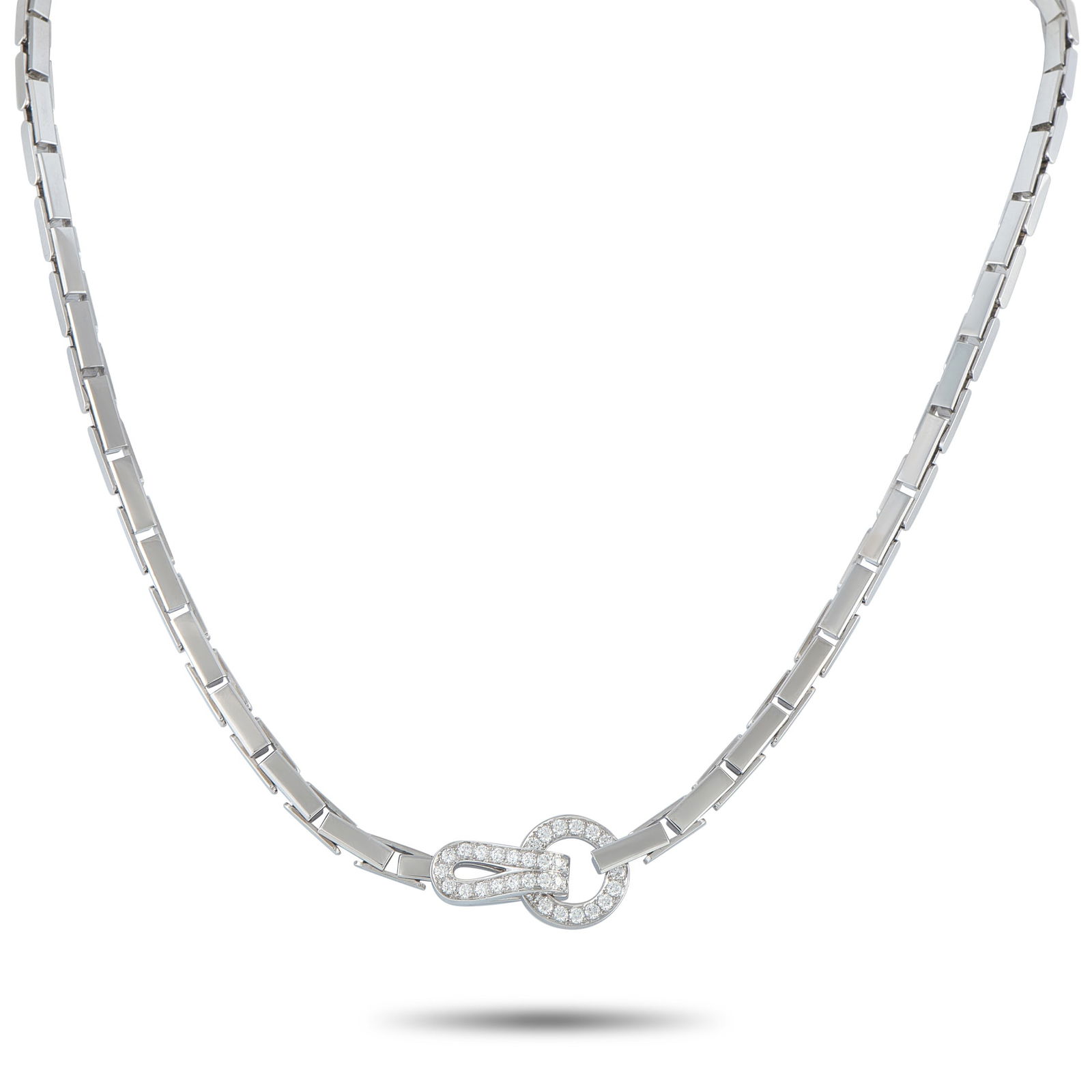 Cartier Agrafe 18K White Gold Diamond Necklace: Refined and deliberate, this Cartier Agrafe necklace balances structure and brilliance with effortless precision. It weighs 77.9 grams and is composed of sleek white gold bar links that create a clean