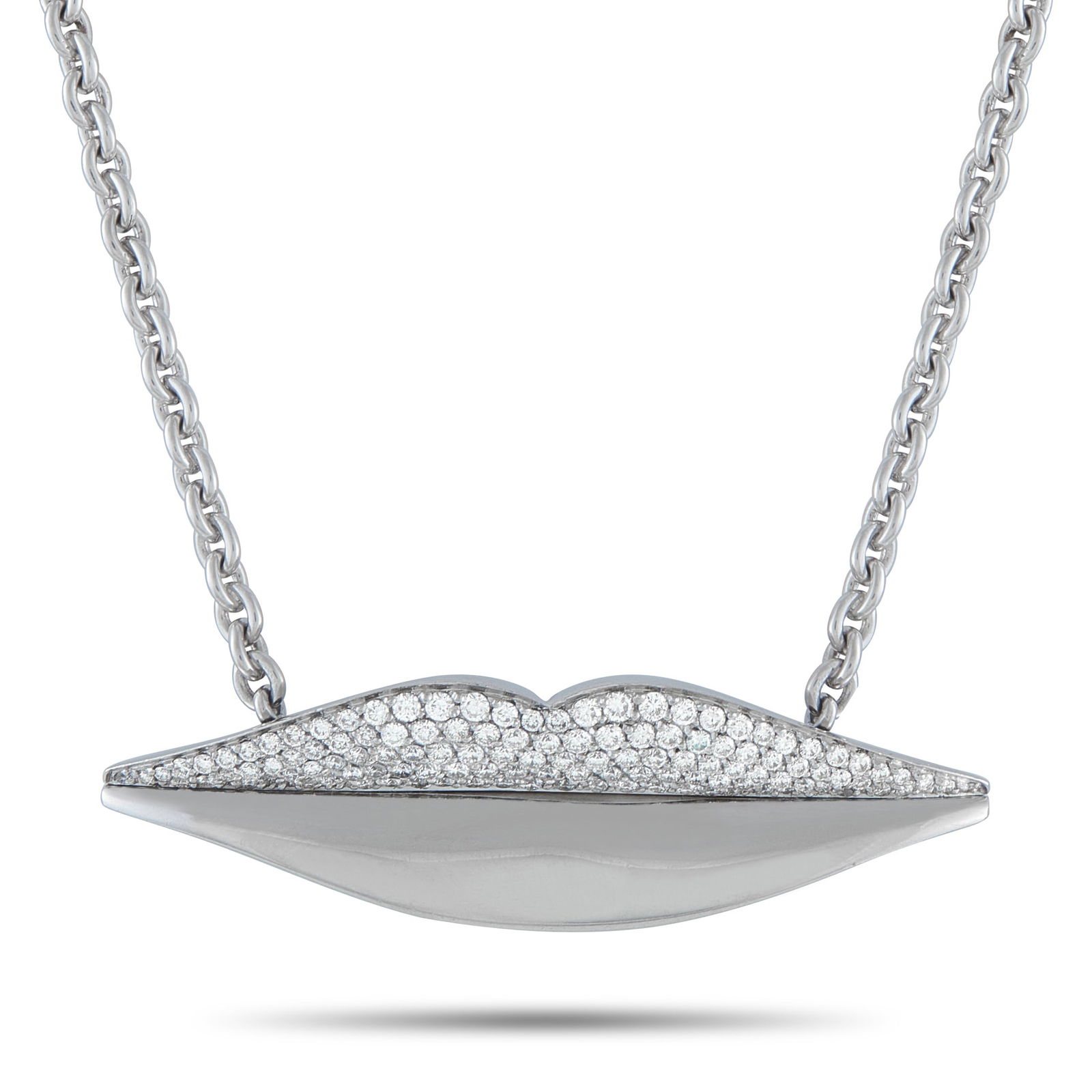 BvlgariEnigma 18K White Gold 2.0ct Diamond Pendant: This Bvlgari Enigma necklace features a contemporary design that is impossible to ignore. The lip pendant comes to life thanks to pavé Diamonds totaling 2.0 carats accenting the upper half of the des