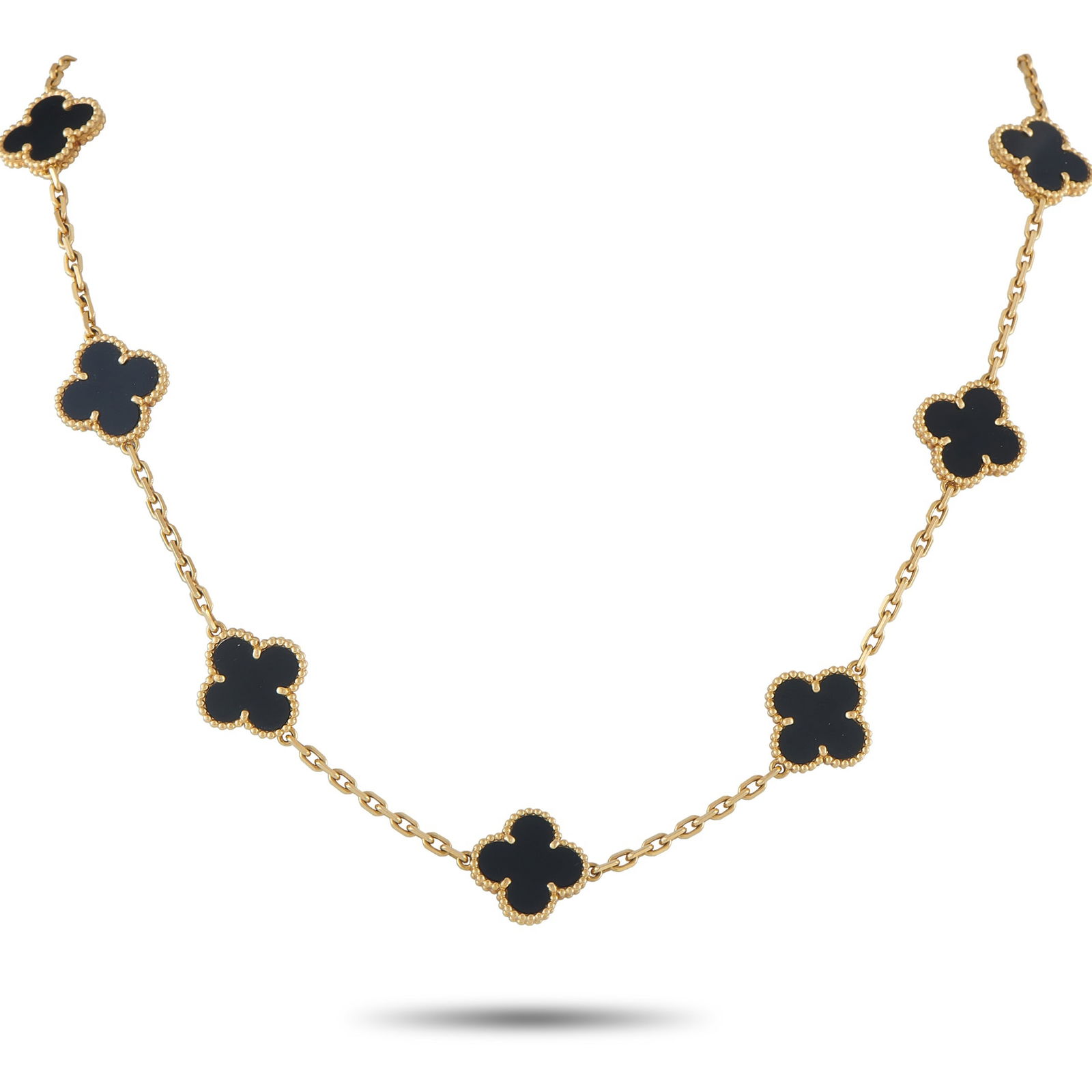 Van Cleef & Arpels Vintage Alhambra 18K Yellow Gold Onyx 10-Motif Necklace: This 10-motif onyx Vintage Alhambra necklace draws its appeal from contrast and restraint. Each clover-shaped motif is crafted in yellow gold and inlaid with deep black onyx, framed by the brand’s s