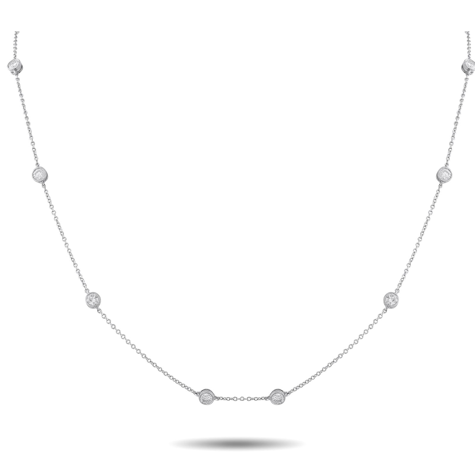 Tiffany & Co. Elsa Peretti Diamonds by the Yard Platinum 1.20ct Diamond Necklace: This Tiffany & Co. Elsa Peretti Diamonds by the Yard necklace is stunning in its simplicity. The delicate chain is adorned with bezel-set Diamonds totaling 1.20 carats, making it an understated luxury