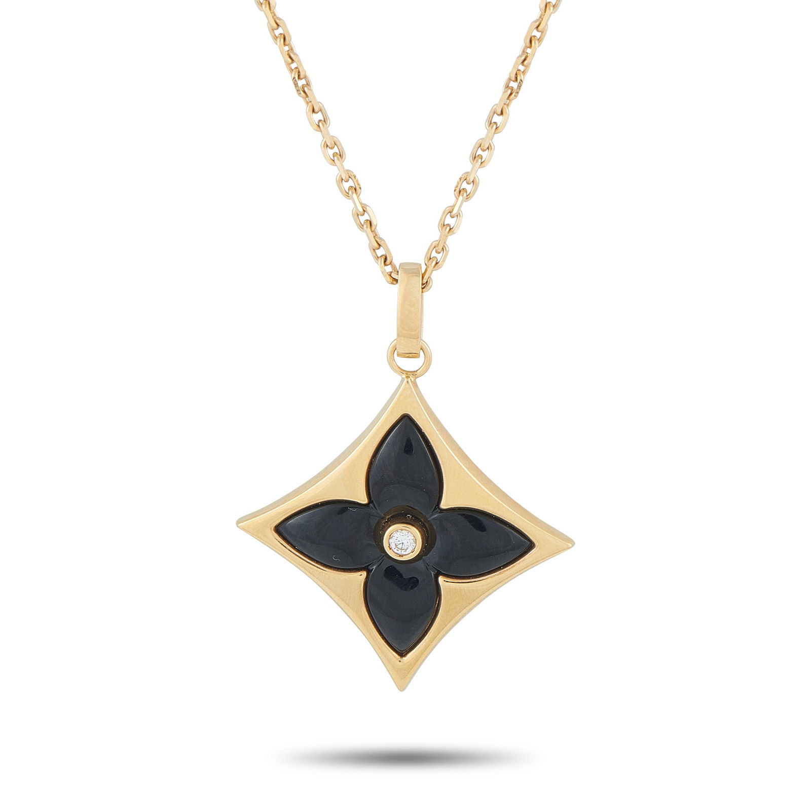 Louis VuittonColor Blossom Star Medallion 18K Yellow Gold Diamond Pendant: Add a touch of luxury to any ensemble with this impeccably crafted Louis Vuitton Color Blossom Star Medallion necklace. The brand’s emblematic Monogram Flower makes a statement in black at the cente