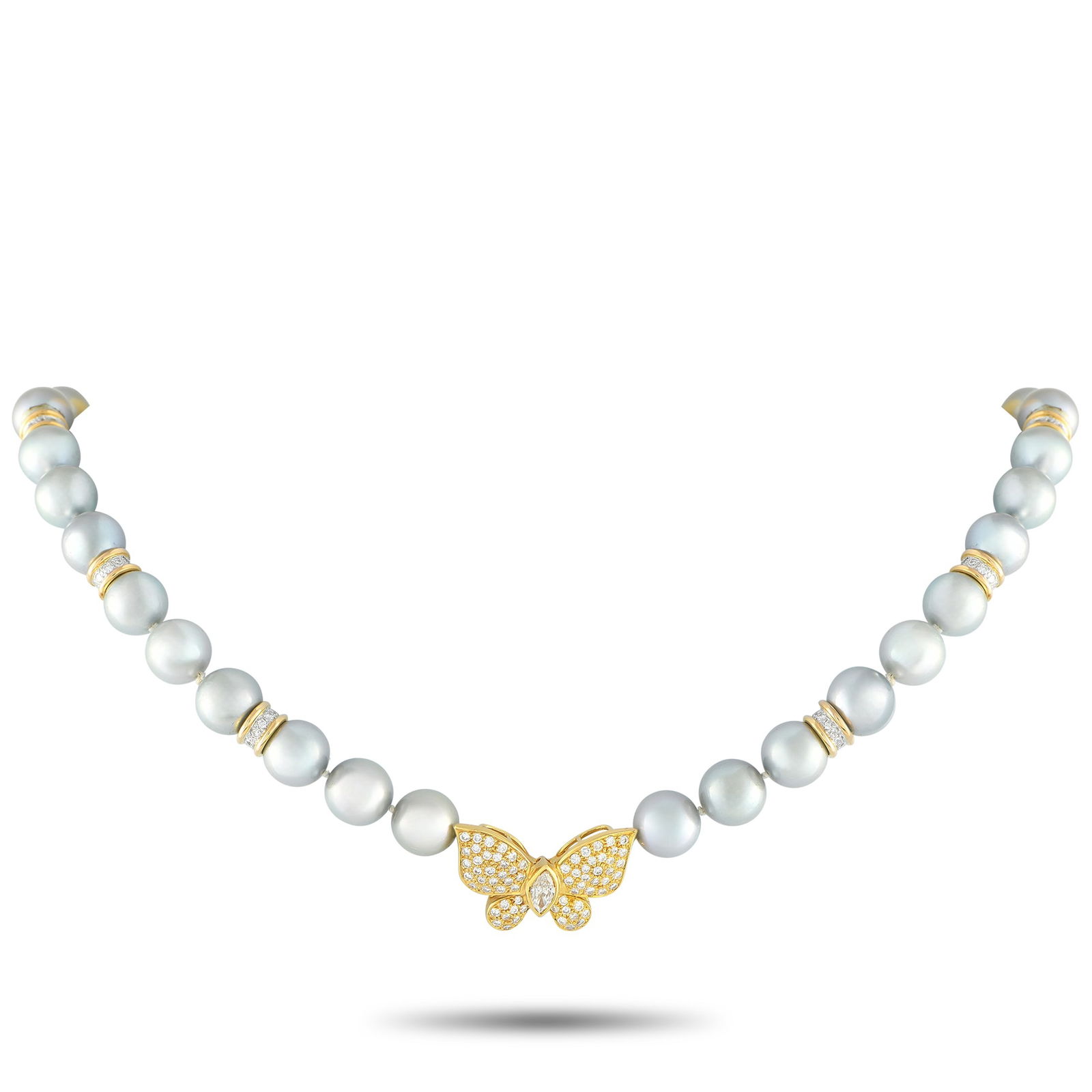 Exclusive 18K Yellow Gold 1.47ct Diamond and Pearl Butterfly Brooch: This exquisite necklace offers two accessories in one. At the center of the 16” strand of silver-blue Pearls lies a lustrous butterfly clasp that can be removed and worn as a brooch. This incred