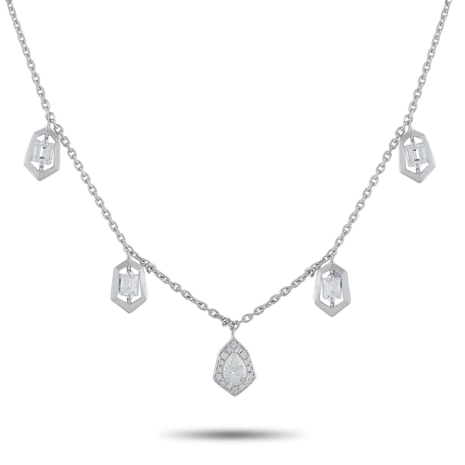 Exclusive 18K White Gold 1.37ct Diamond Necklace: This impeccably crated necklace is both understated and incredibly dynamic in design. A series of hanging pendants add movement to this graceful piece, while sparkling Diamonds with a total weight of
