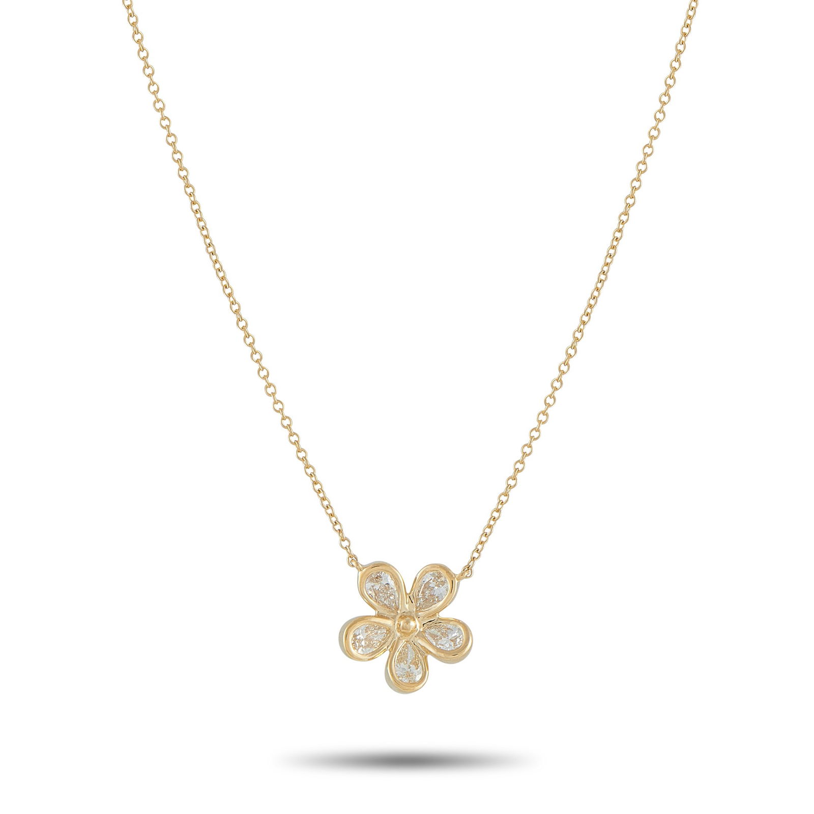 Exclusive 18K Yellow Gold 0.75ct Diamond Flower Necklace: This necklace is incredibly charming. Suspended at the center of a 17.50” chain, a delicate floral pendant makes a statement thanks to sparkling Diamonds with a total weight of 0.75 carats. The