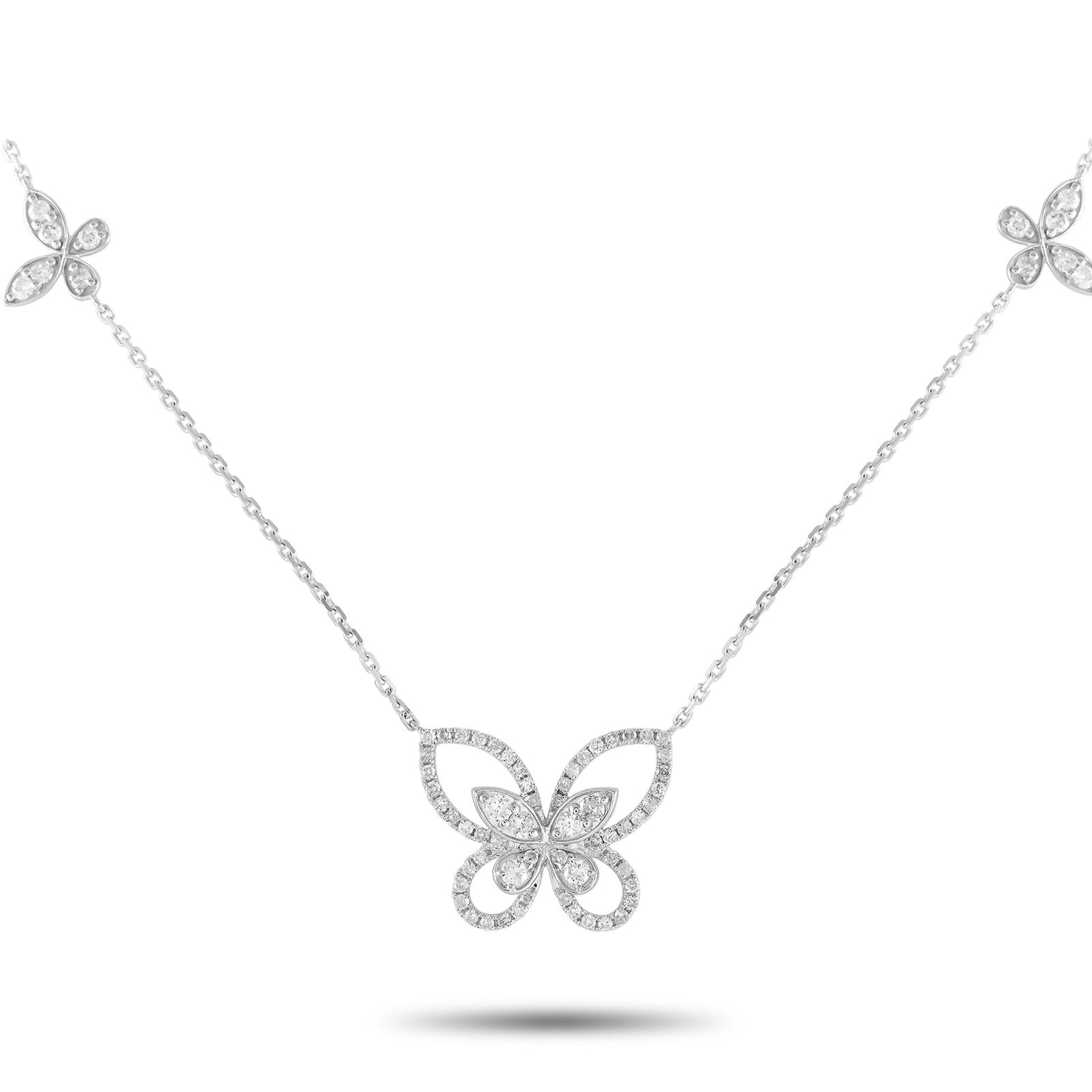 Exclusive 14K White Gold 0.86ct Diamond Butterfly Necklace: This 14K white gold necklace will continually capture your imagination. The 15” chain features five butterfly-shaped stations, including a central pendant measuring 0.65” long by 0.75&rdqu