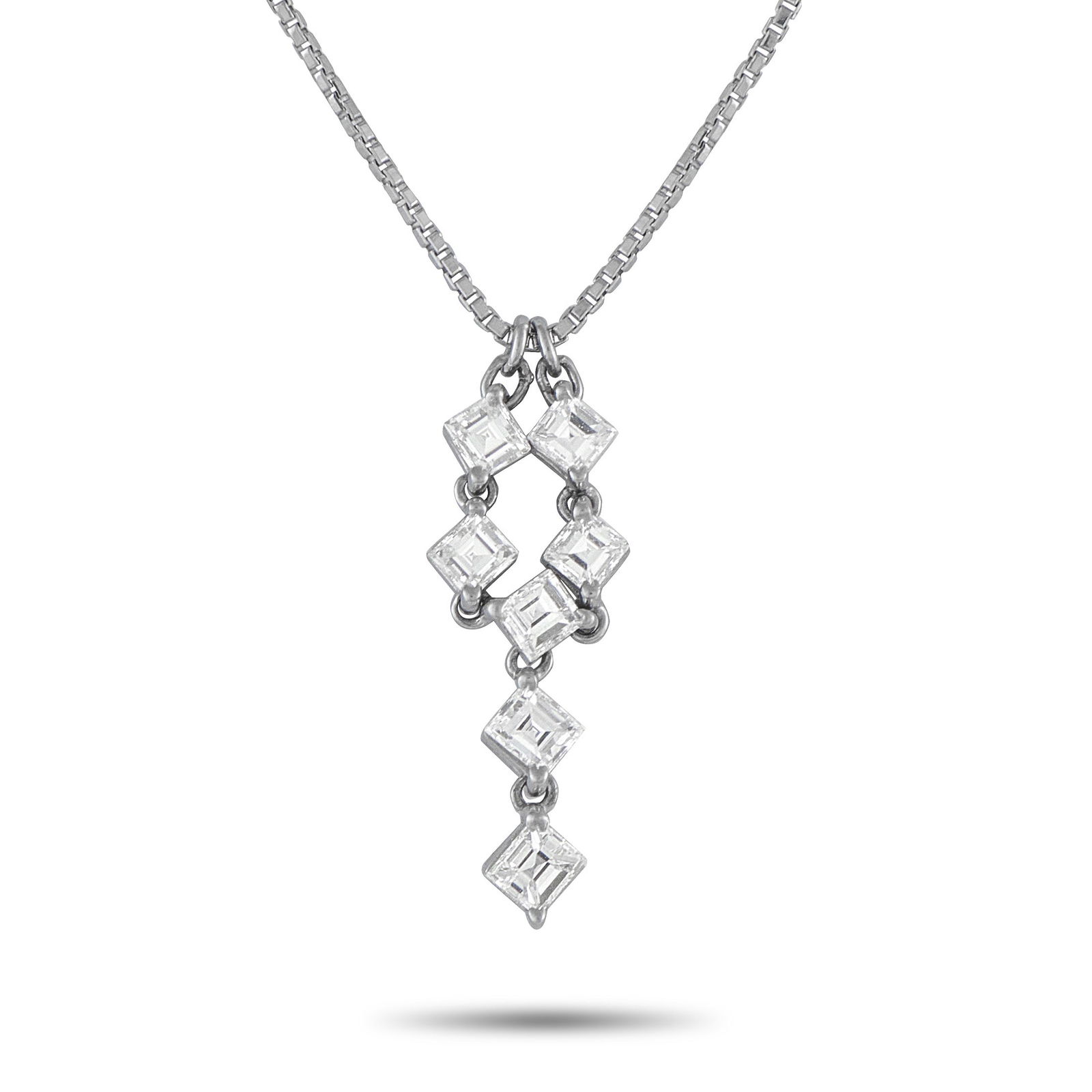 Exclusive Platinum 1.07ct Diamond Necklace: This luxury necklace perfectly combines understated elegance with contemporary design. Diamonds with a total weight of 1.07 carats seemingly cascade from the sleek 16” box chain, creating a chic