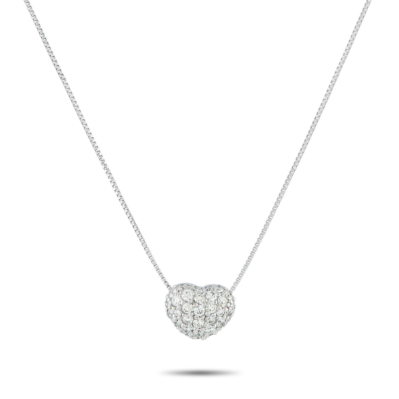 Exclusive 18K White Gold 1.0ct Diamond Pave Heart Necklace: An Exclusive piece that captures a lifetime of light and love. It features a box chain holding a heart pendant blanketed in 1.0 carat of brilliant pavé diamonds. The petite stones create a seamless s