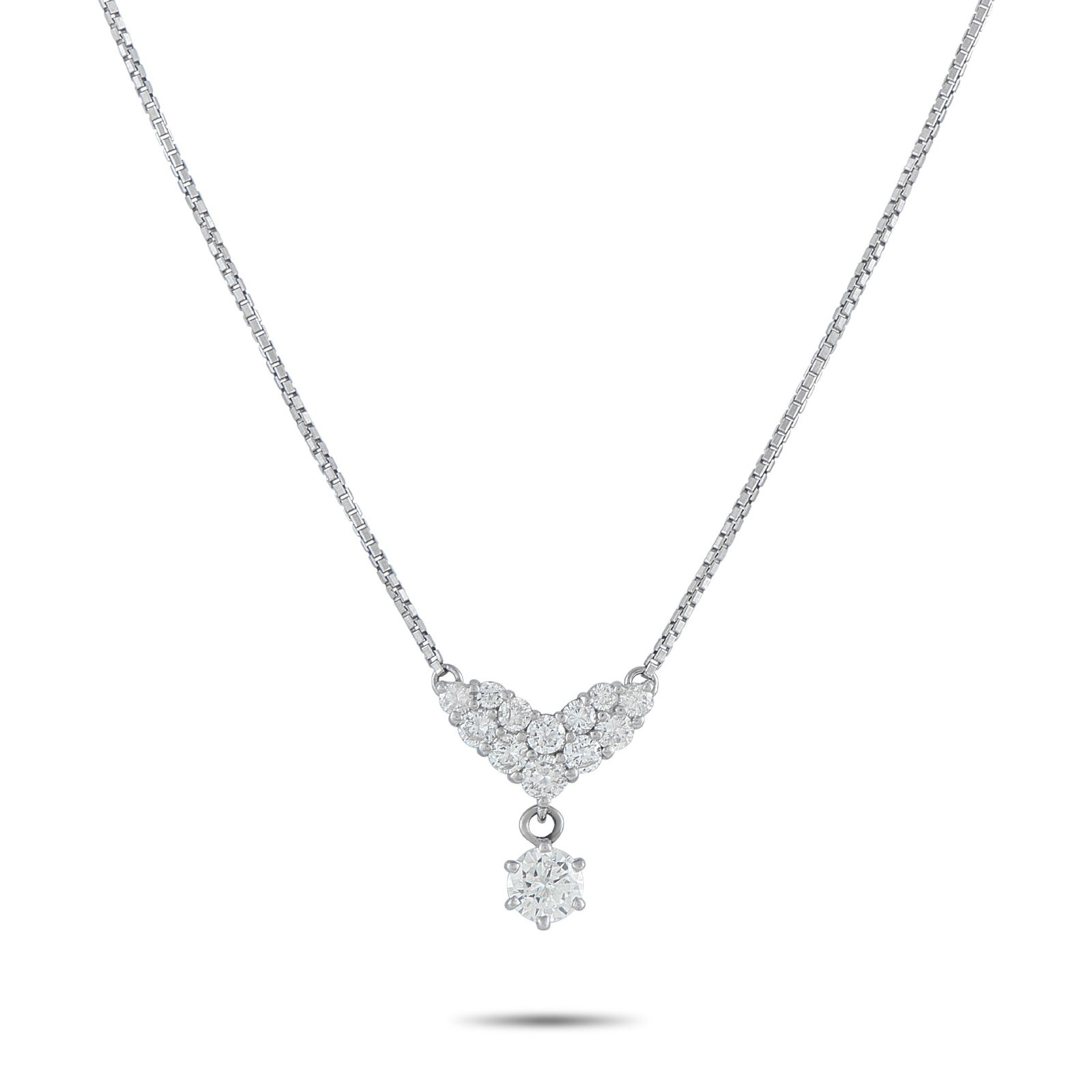Exclusive Platinum 1.02ct Diamond Necklace: A unique arrangement of Diamonds totaling 1.02 carats make this necklace simply unforgettable. Chic and elegant, the Platinum pendant measures 0.63” long by 0.57” wide and is suspended fro