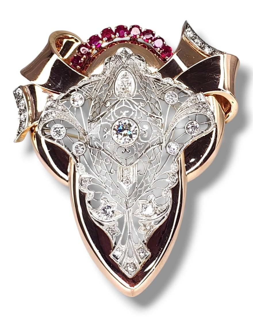 Brooch - 14 kt. Rose gold, Beautiful Vintage 14K Rose Gold Large Brooch Embezzled with Large (1 of 8)