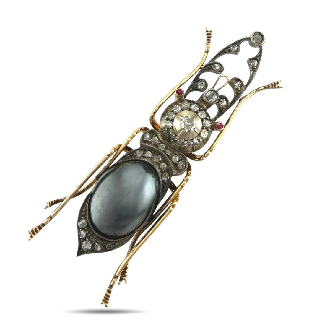 Brooch - 14 kt. Yellow gold, Antique Imperial Russian 56K (14K) Yellow Gold, Diamond & Ruby Beetle (1 of 11)