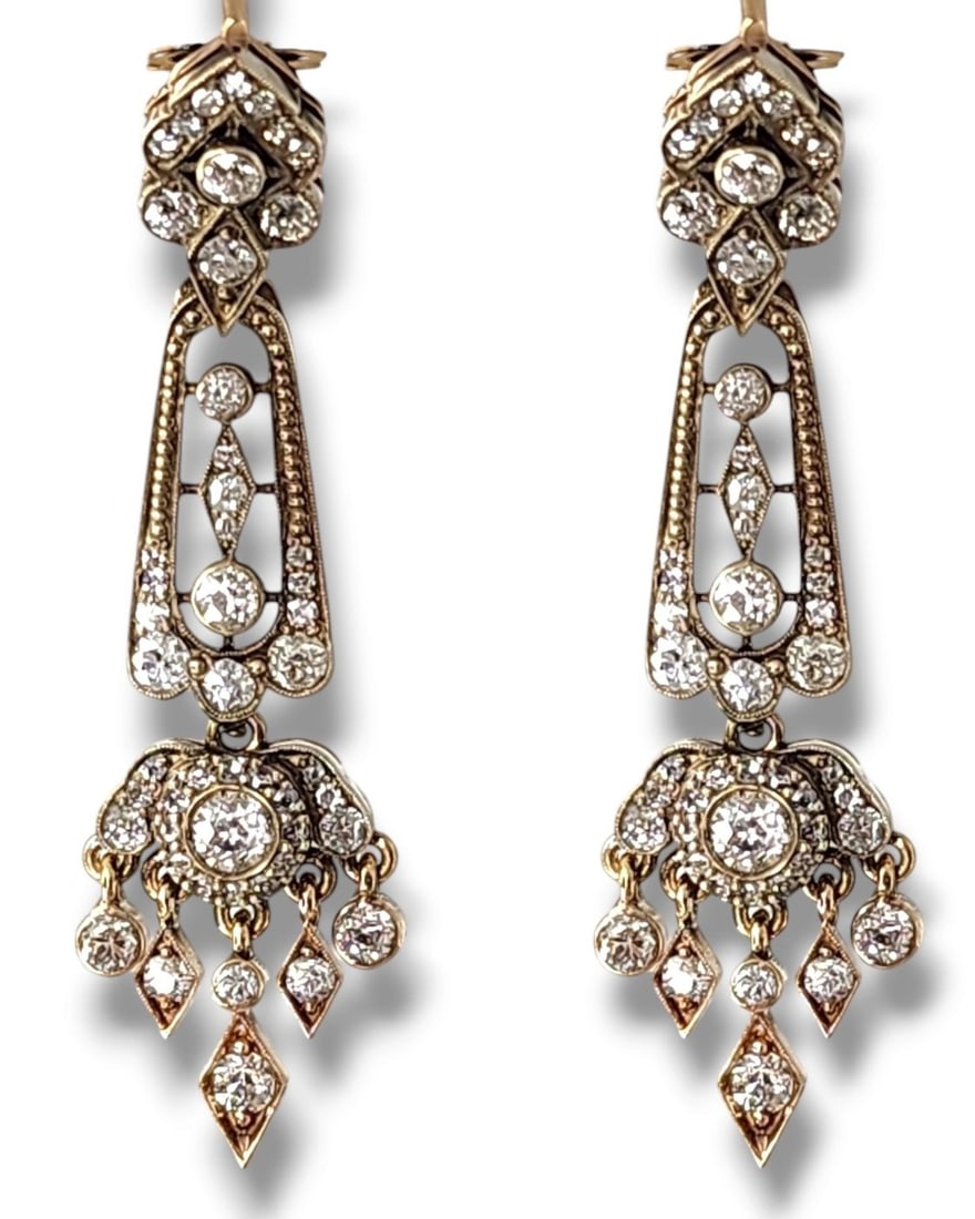 Earrings - 14 kt. Yellow gold, Imperial Russian 56k Gold & Diamond Art Noveao Pendant Earrings 3.55 (1 of 12)