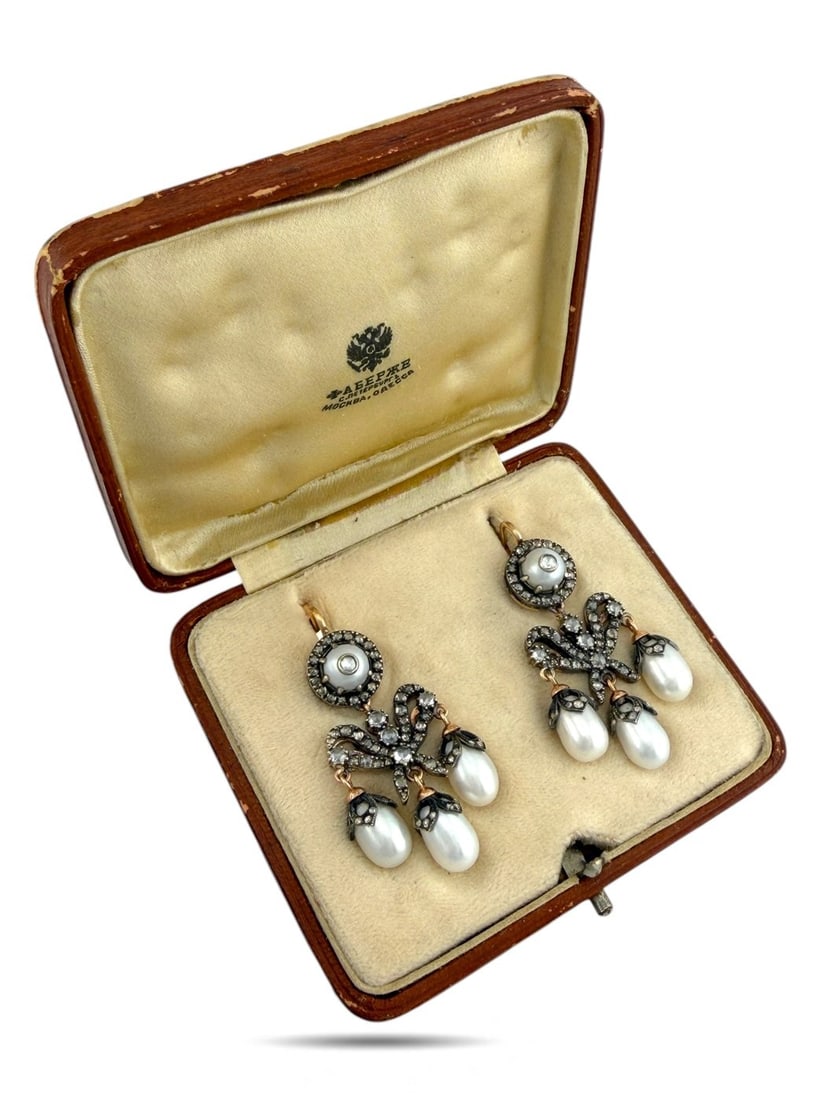 Fabergé - Earrings - 14 kt. Fabergé Imperial Russian Natural Pearl and 2.00ct Diamond Earrings, (1 of 6)