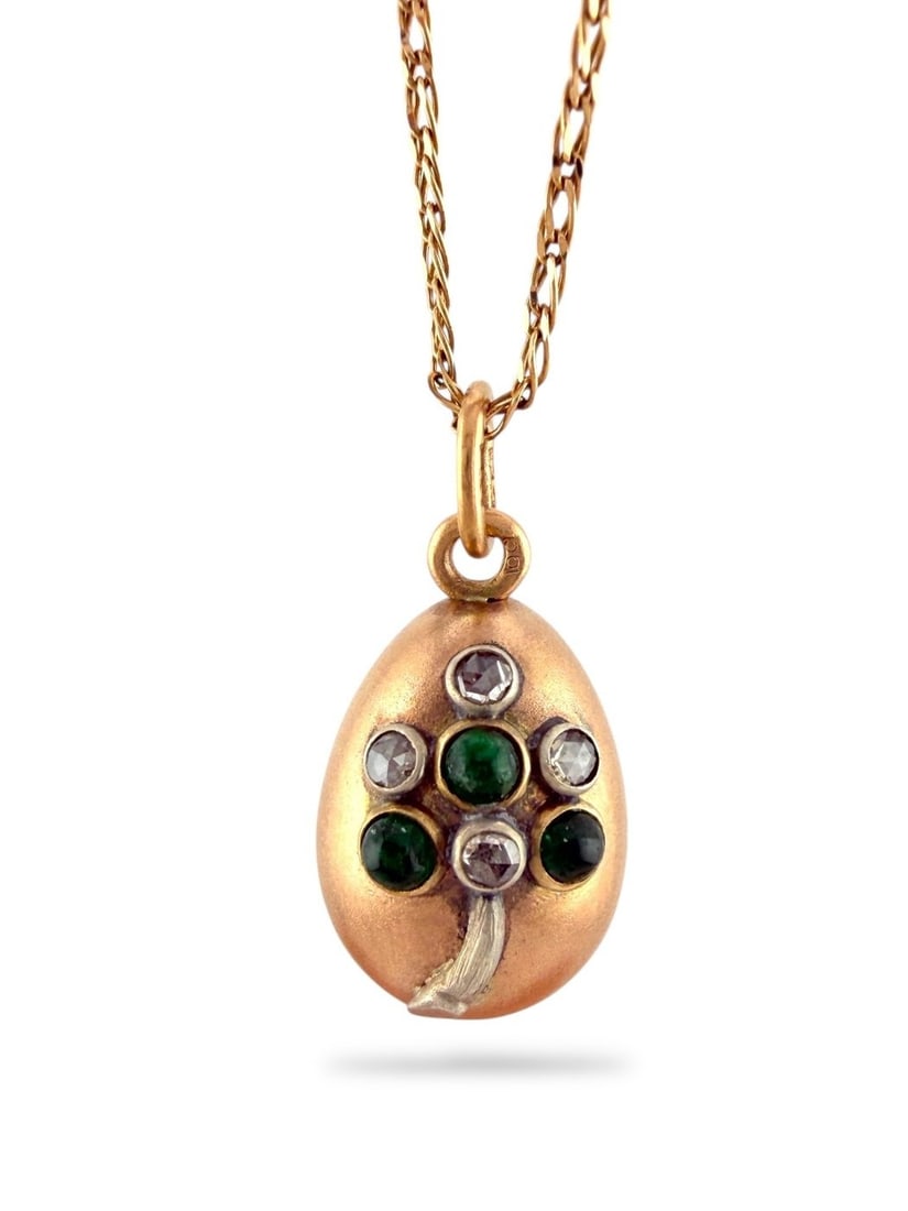 Pendant - 14 kt. Yellow gold, Imperial Russian Period, Jeweled 56k (14K ) Gold Diamond Egg Pendant (1 of 10)