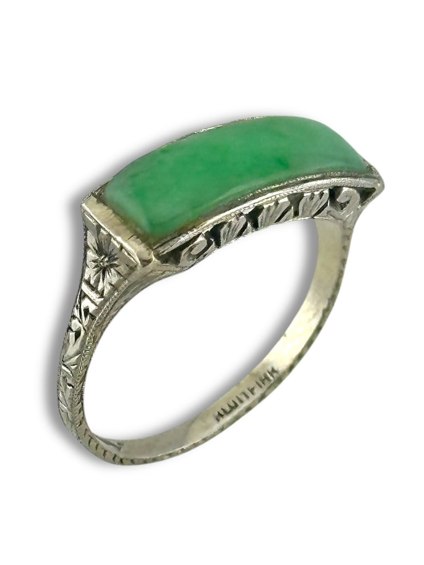 Ring - 18 kt. White gold, Art Deco 18K White Gold & Jade Ring Jade (1 of 6)