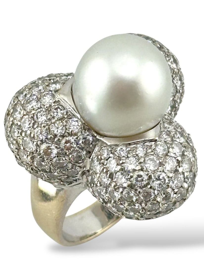 Ring - 18 kt. White gold, 18K White Gold Ring with Diamond Circles and Central Pearl - 5.76ct. tw. (1 of 5)
