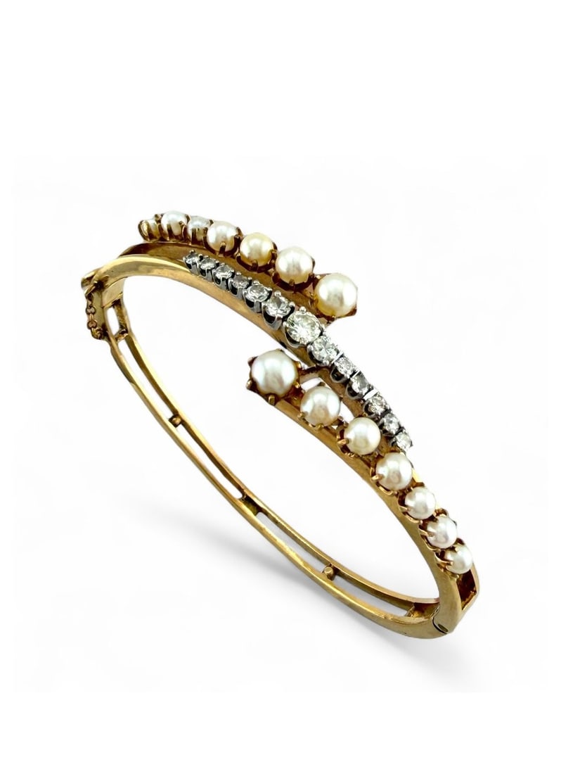 Bracelet - 14 kt. Yellow gold, Antique 14K Yellow Gold 1.00ct Diamond and Natural Pearl Bangle (1 of 6)
