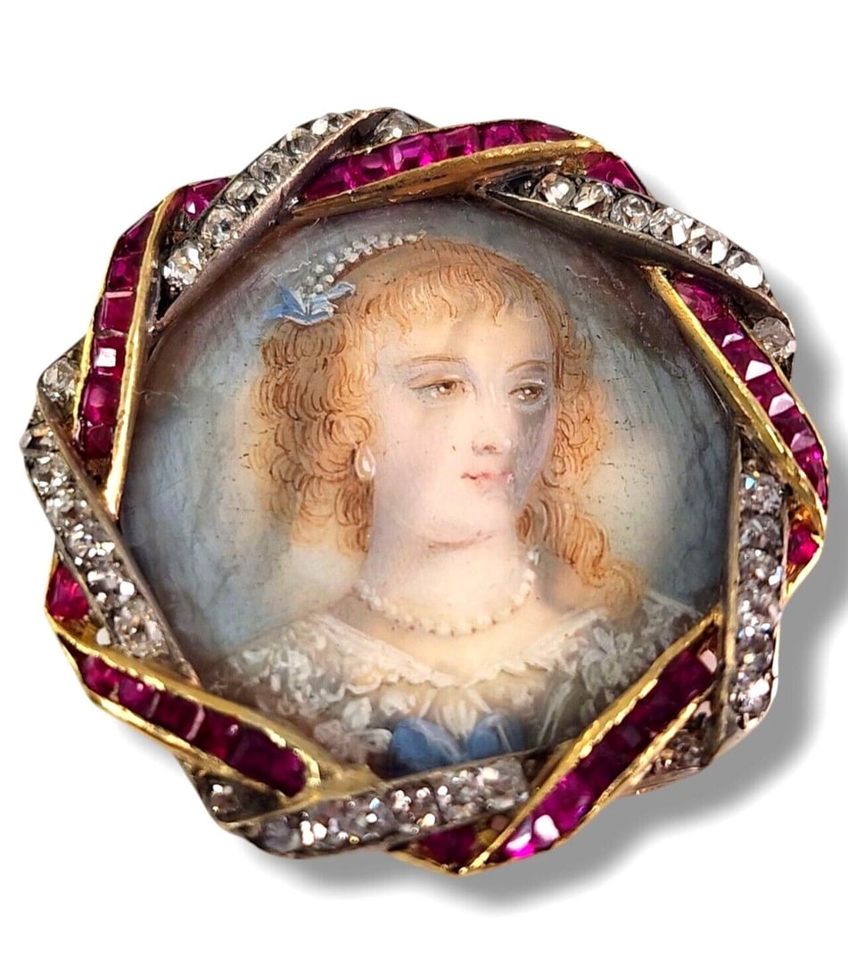 Brooch - 18 kt. 18K Yellow Gold Brooch with Diamonds & Rubies, Yellow gold (1 of 8)