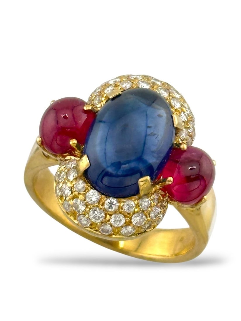 Ring - 18 kt. Yellow gold, 18K Gold Ring with Diamonds, Sapphire and Rubies 5.5 Carats - 5.5ct. (1 of 7)
