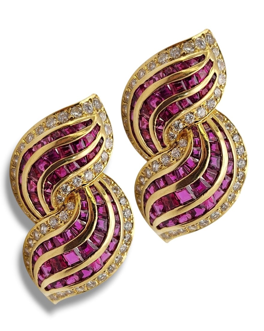 Earrings - 18 kt. White gold, Gorgeous 18K Gold Earrings with Diamonds & Rubies 6ct - 11.40ct. (1 of 9)