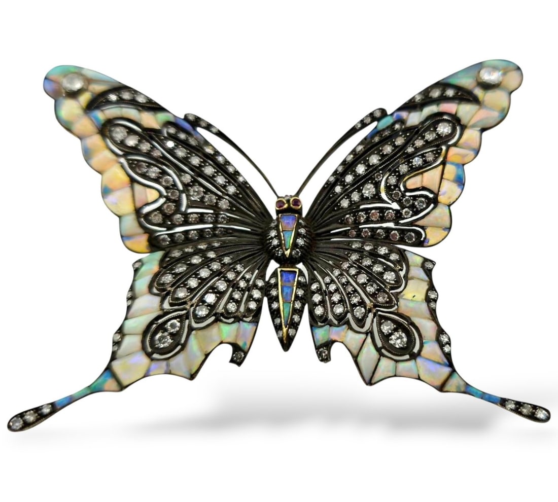 Brooch - 18 kt. White gold, 18K Yellow Gold Butterfly Large Brooch with Diamonds, Opals & Ruby Eyes (1 of 7)