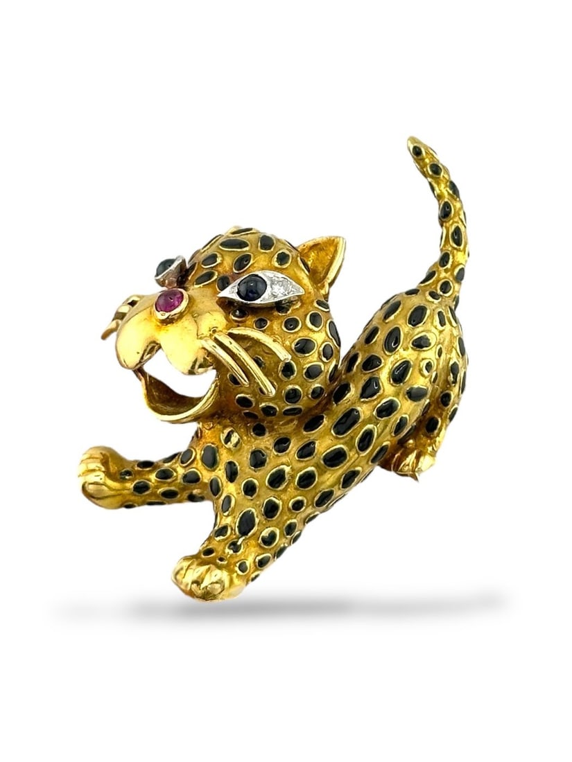 Brooch - 18 kt. 18K Yellow Gold Leopard Brooch with Diamonds, Ruby & Enamel, Yellow gold (1 of 6)