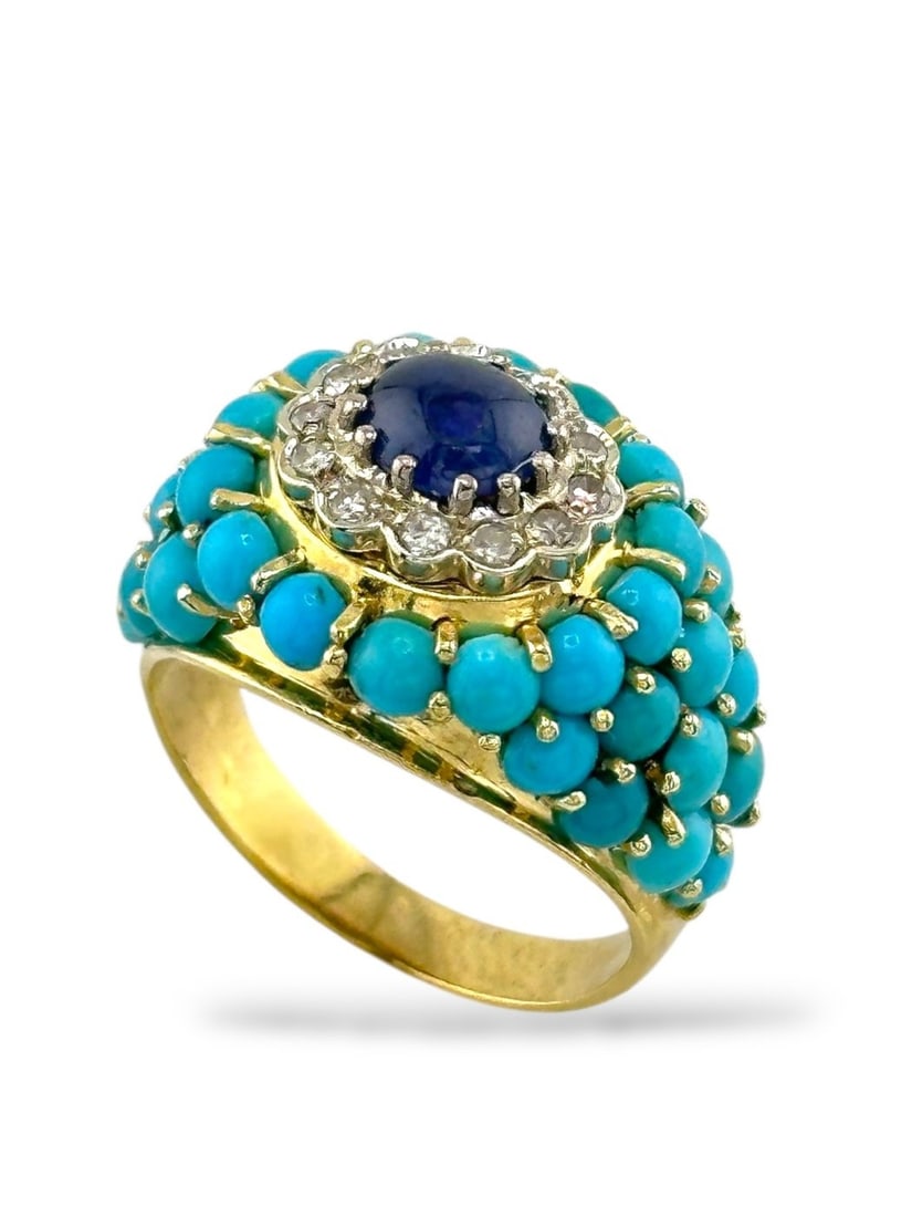 Ring - 18 kt. Yellow gold, 18K Gold Turquoise, Diamond & Sapphire Ring Diamond (Natural) (1 of 5)