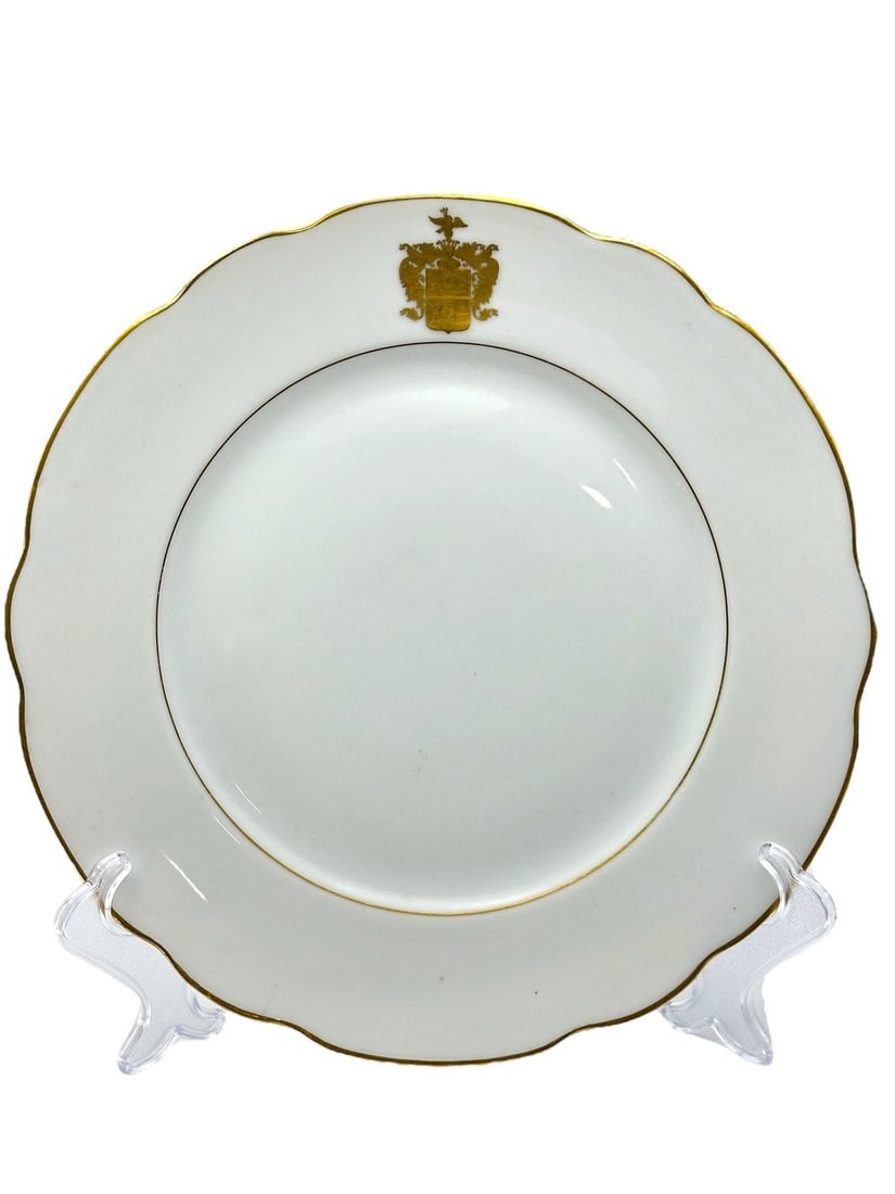 Armorial M.S. Kuznetsov Factory Marked Plate with Rimsky-Korsakov Coat Of Arms - Plate - Porcelain: A Gilt Banded Dinner plate with Scalloped Rim and Etched Gil Coat of Arms for the Rimsky-Korsakov Family.Nikolai Andreyevich Rimsky-Korsakov (18 March 1844 – 21 June 1908) was a Russian composer, a