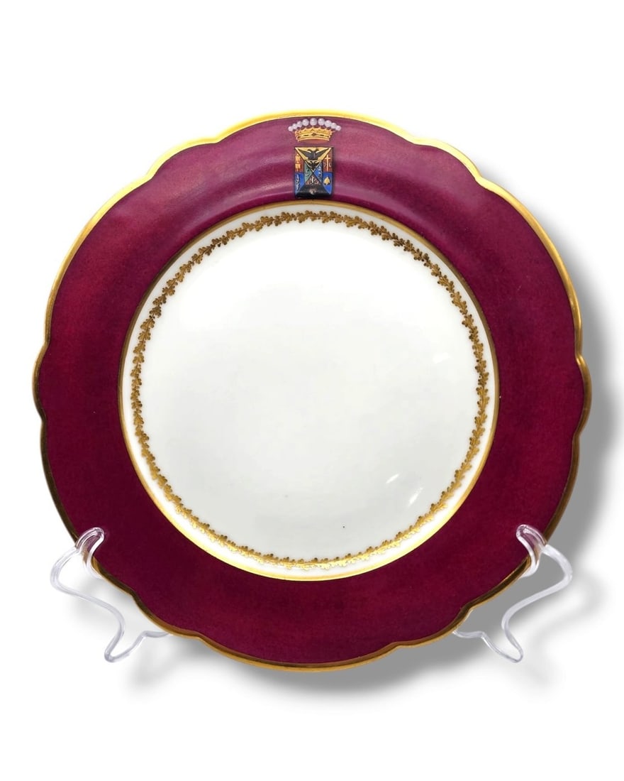 Lomonosov Imperial Porcelain Factory, Armorial Plate With Count Bezborodko Coat of Arms - Plate -: Armorial Plate with Magenta and Gilt Banded Borders with Scalloped Rim and Painted with the Coat of Arms for Count BezborodkoDiameter: 23.5 CentimetersMarked: Yes, please see last attached photo. ( in