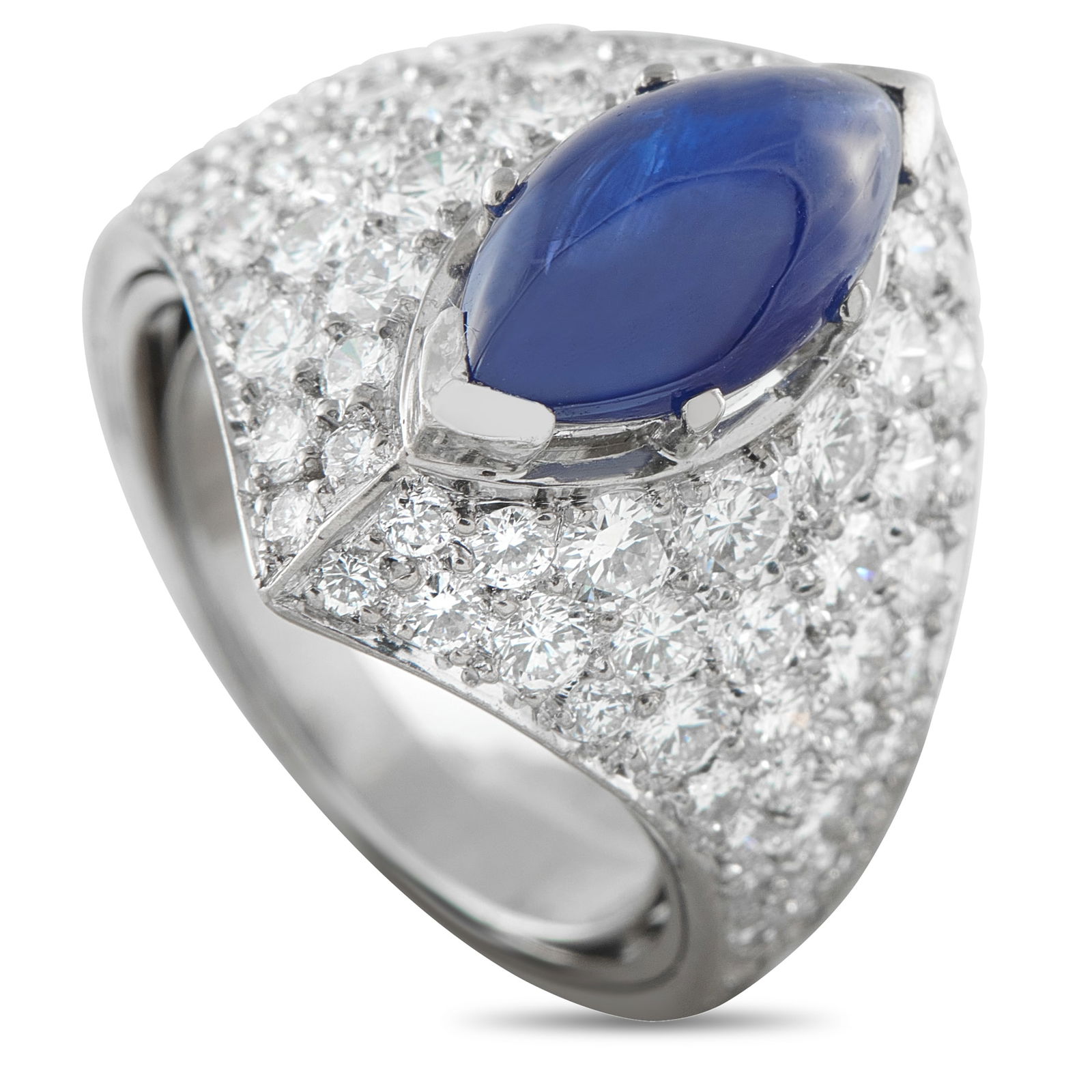 18K White Gold 2.59ct Diamond and Sapphire Ring: 18K White Gold 2.59ct Diamond and Sapphire Ring This Exclusive ring plays with volume and vertices. The 10mm top height creates a striking ‘skylight’ effect, elevating the 4.0 carat