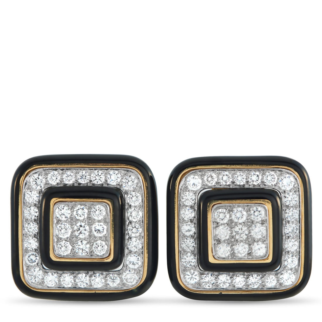 DAVID WEBB Platinum and 18K Yellow Gold 3.30ct Diamond and Enamel Square Earrings: DAVID WEBB Platinum and 18K Yellow Gold 3.30ct Diamond and Enamel Square Earrings Diamonds, black enamel, and yellow gold form a natural alliance in this pair of clip-ons from David Webb. The