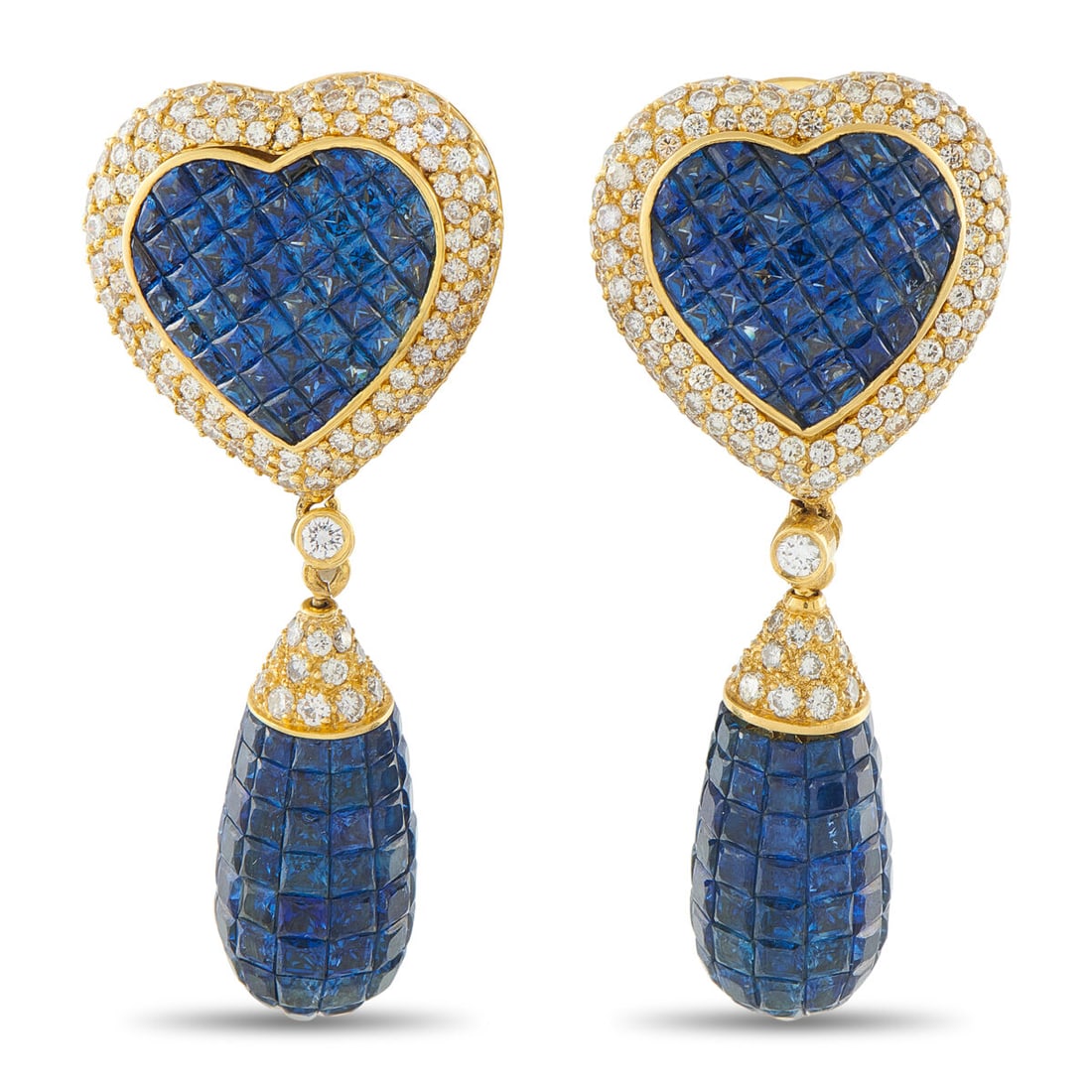 18K Yellow Gold 3.45ct Diamond and Sapphire Heart Earrings: 18K Yellow Gold 3.45ct Diamond and Sapphire Heart Earrings These luxury earrings are endlessly impressive. Invisible set Sapphires with a total weight of 22.10 carats add color and texture to the